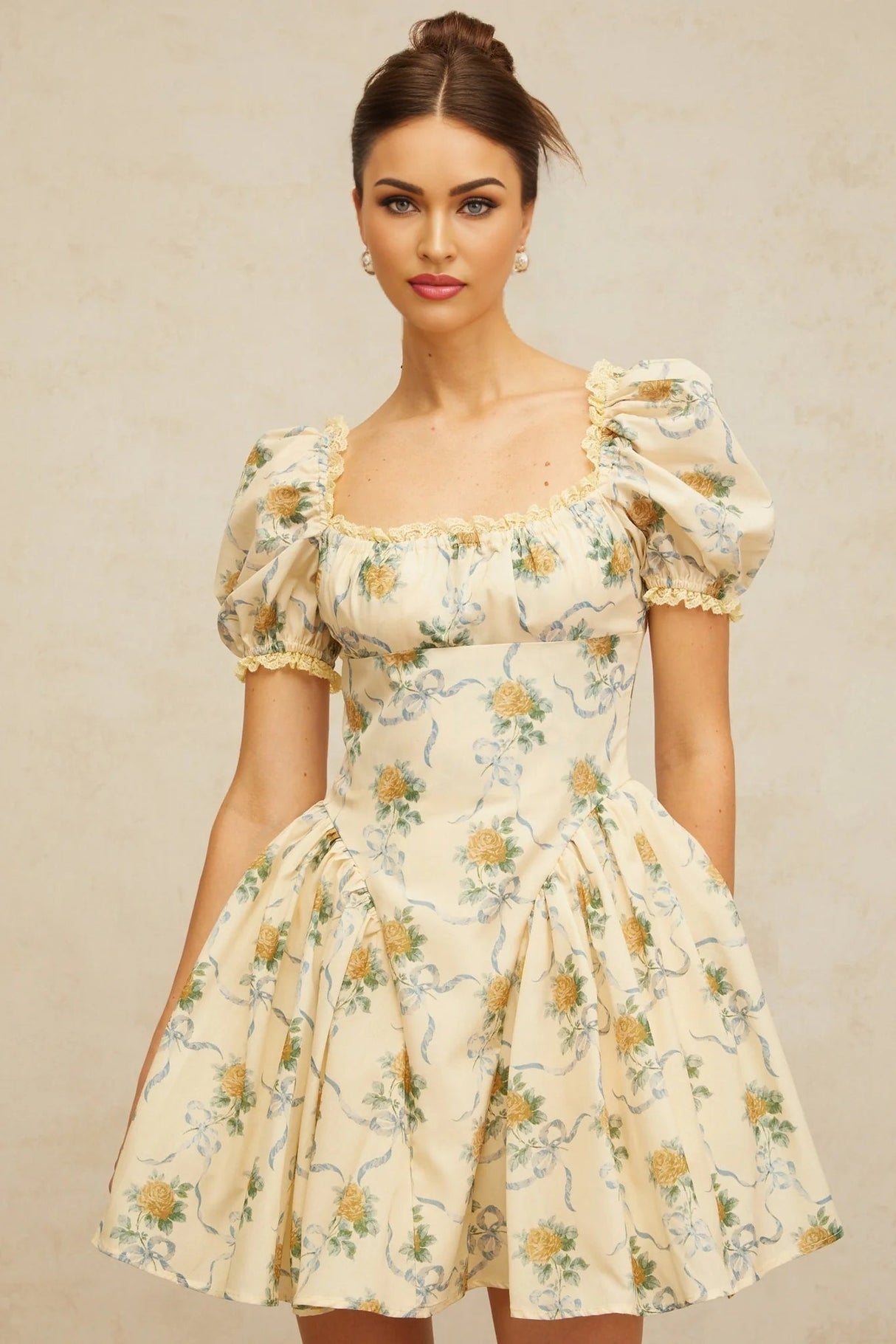 Franca Mini Dress Yellow Floral Shirred & Lace Trim Thigh - Length