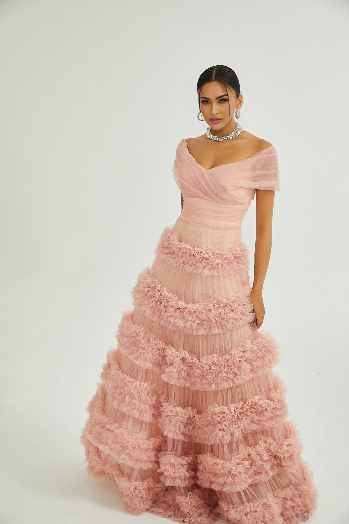 Frances Maxi Dress - Off - the - Shoulder Design - Multiple Tiers - Tulle Panels - Rear Zip Fastening