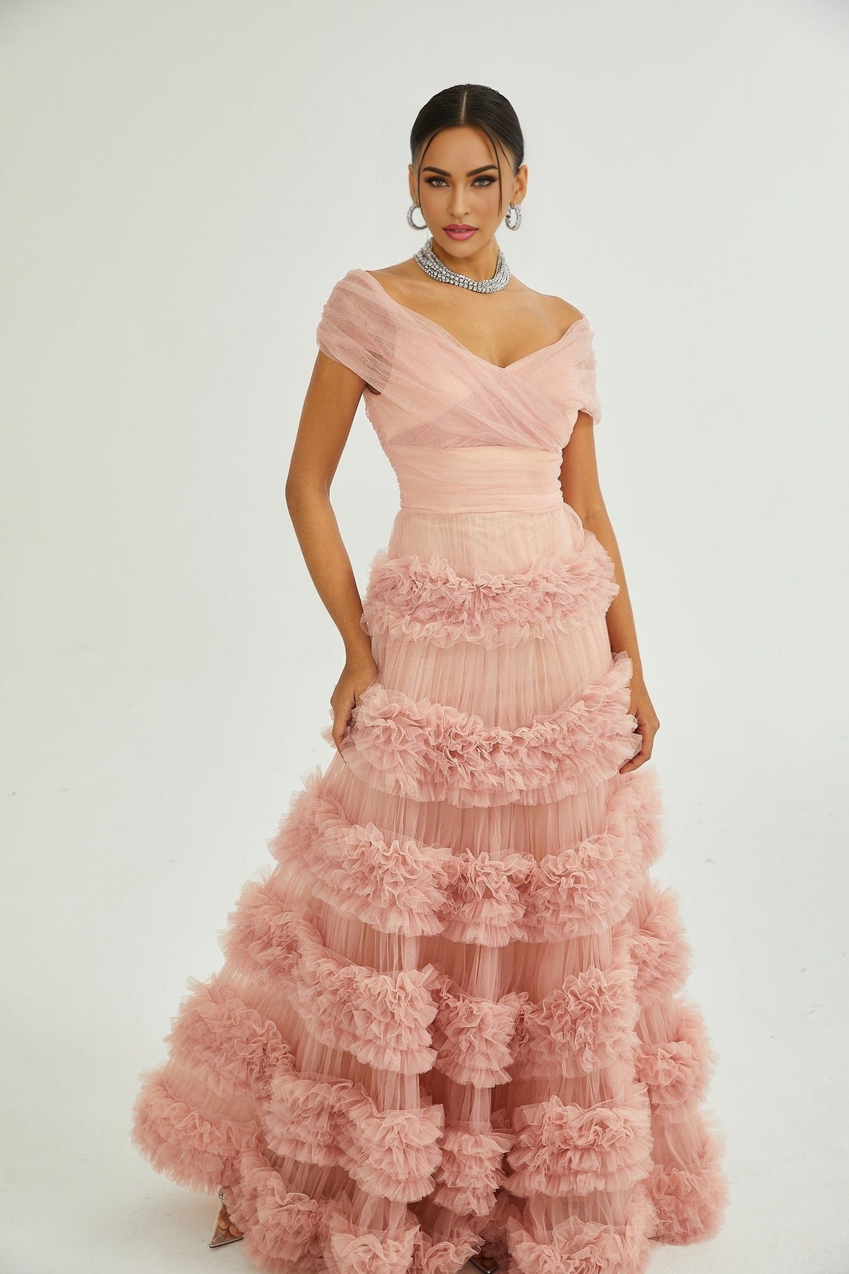 Frances Maxi Dress - Off - the - Shoulder Design - Multiple Tiers - Tulle Panels - Rear Zip Fastening