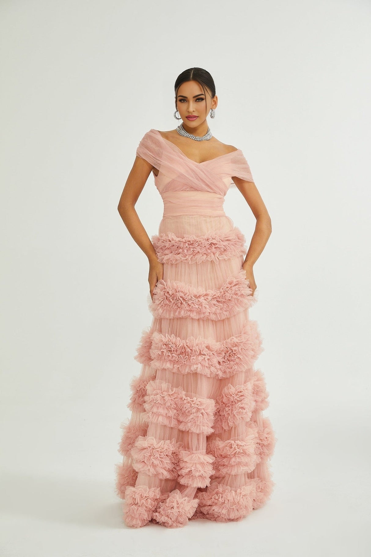 Frances Maxi Dress - Off - the - Shoulder Design - Multiple Tiers - Tulle Panels - Rear Zip Fastening