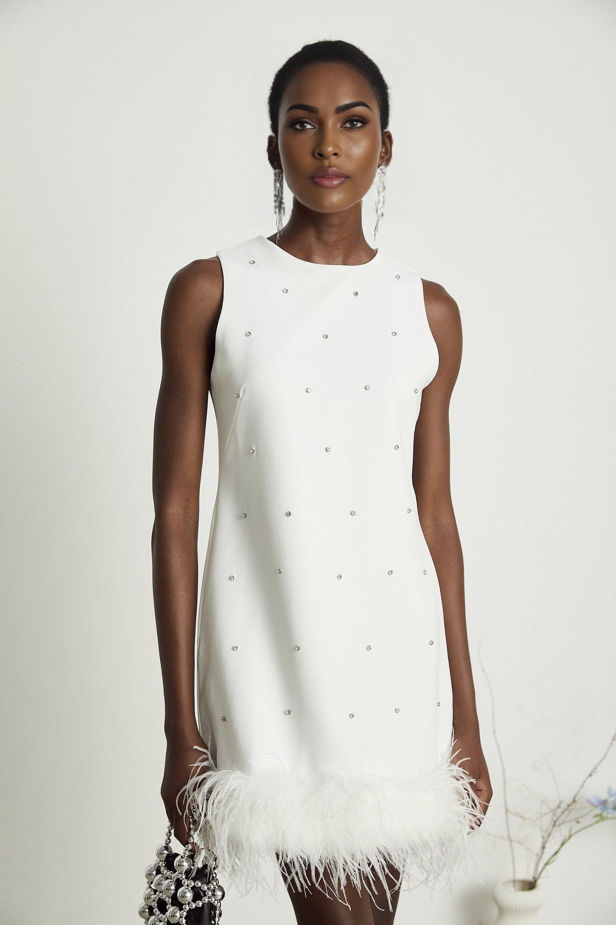 Frances Mini Dress - Sleeveless - Crystal and Feather Embellishments - Thigh Length