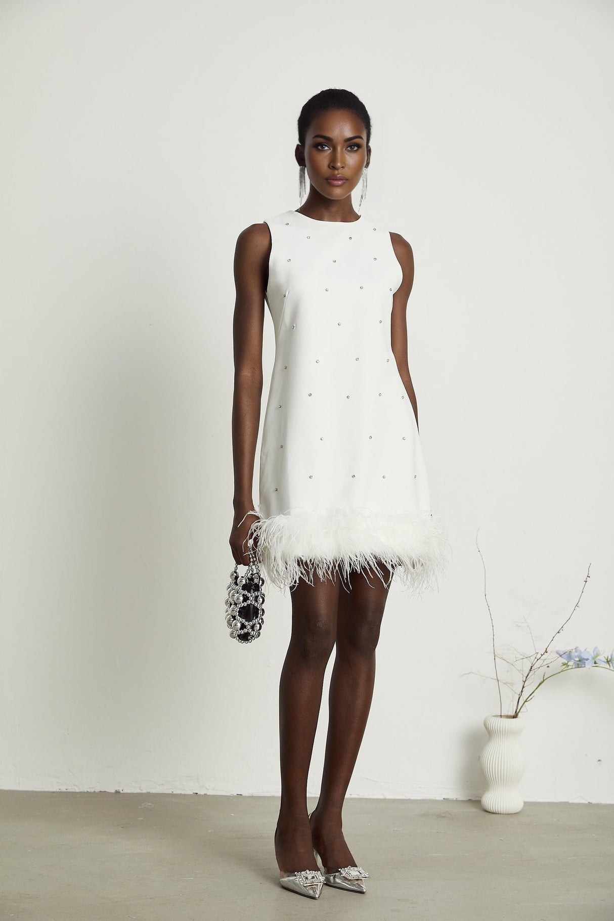 Frances Mini Dress - Sleeveless - Crystal and Feather Embellishments - Thigh Length