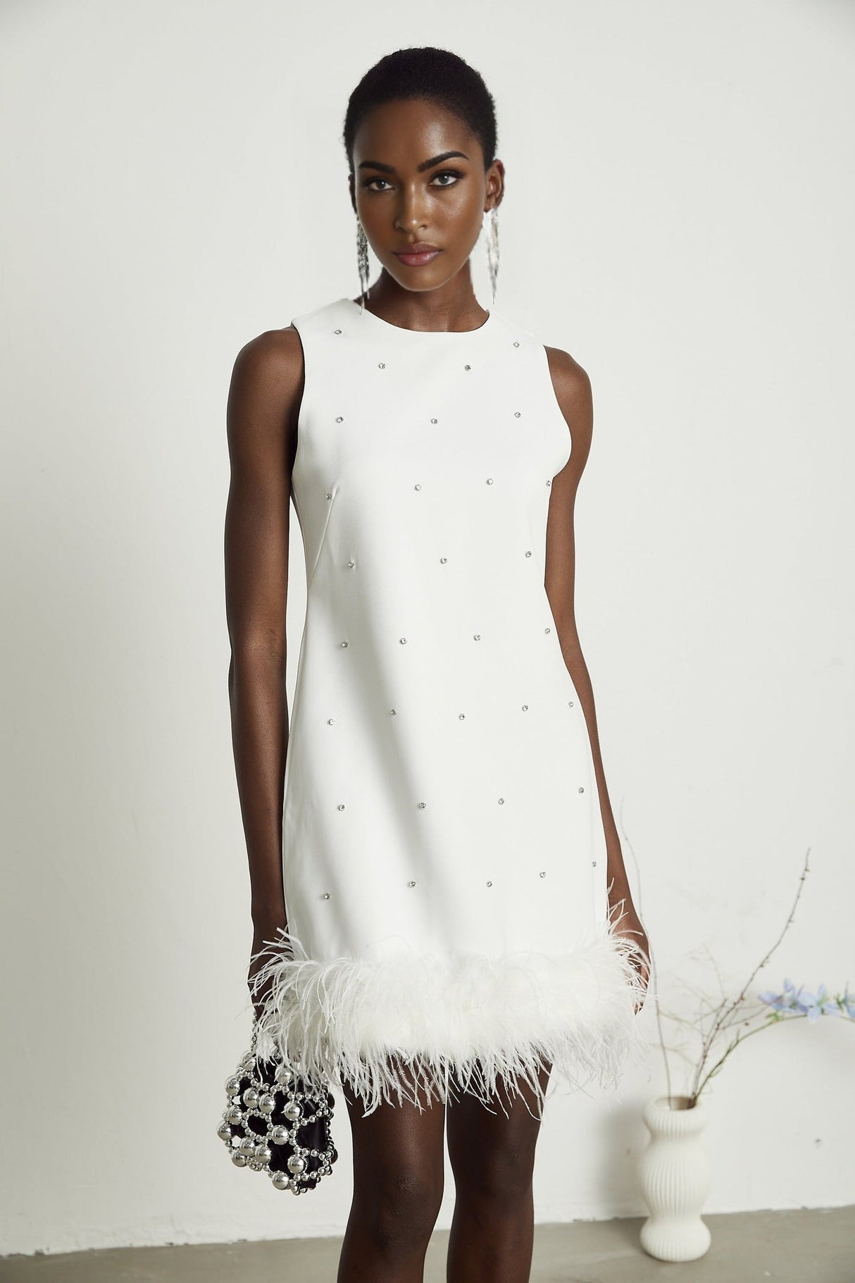 Frances Mini Dress - Sleeveless - Crystal and Feather Embellishments - Thigh Length