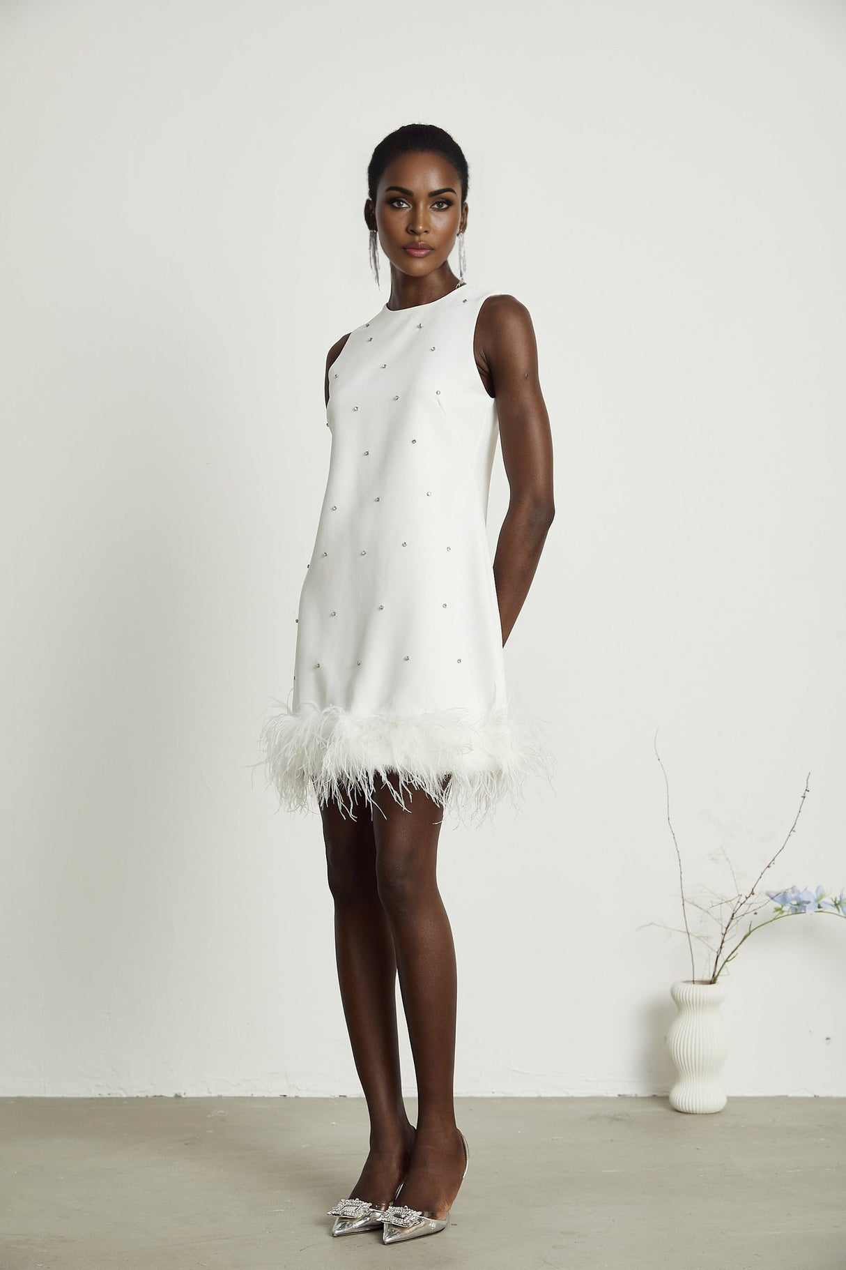 Frances Mini Dress - Sleeveless - Crystal and Feather Embellishments - Thigh Length