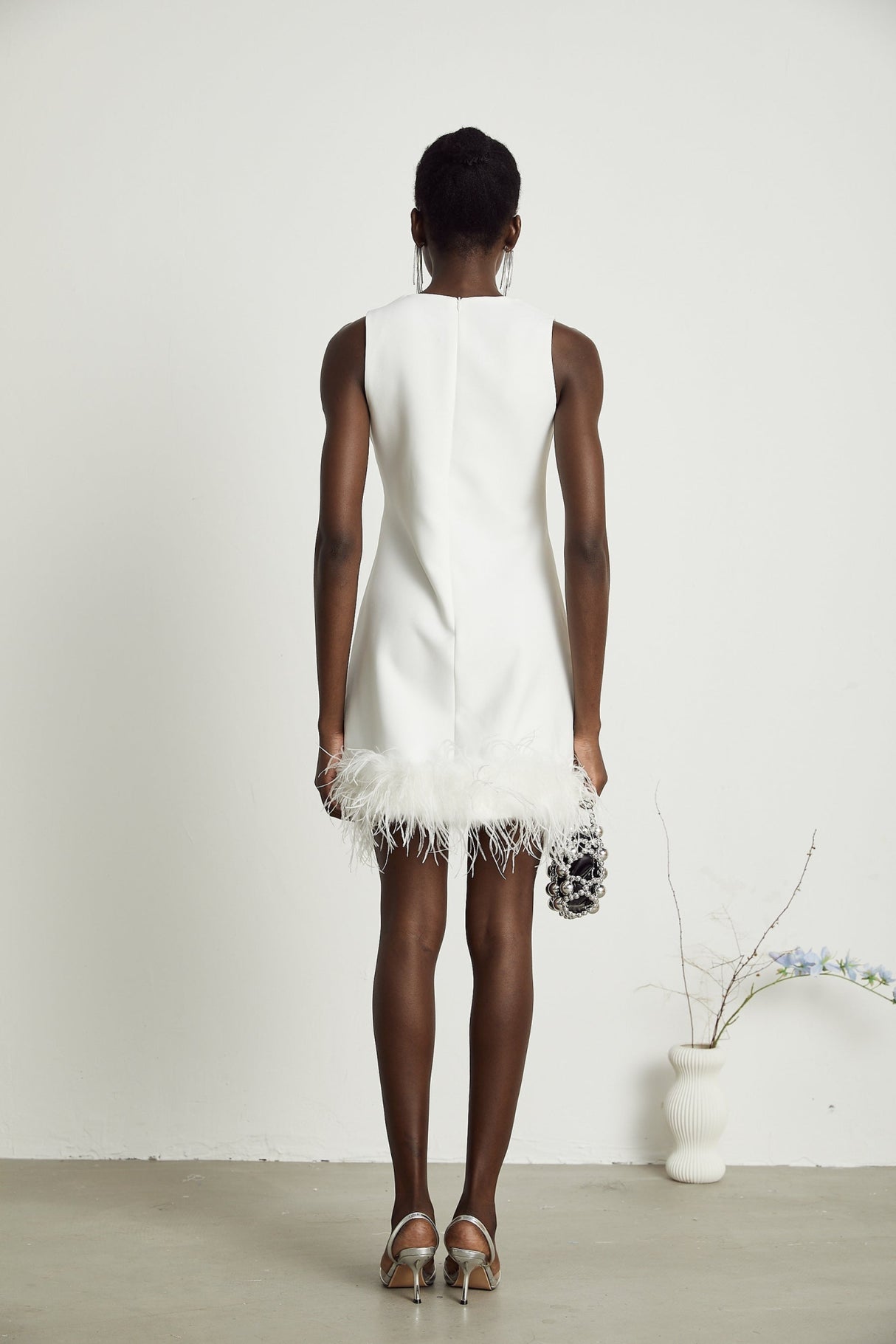 Frances Mini Dress - Sleeveless - Crystal and Feather Embellishments - Thigh Length