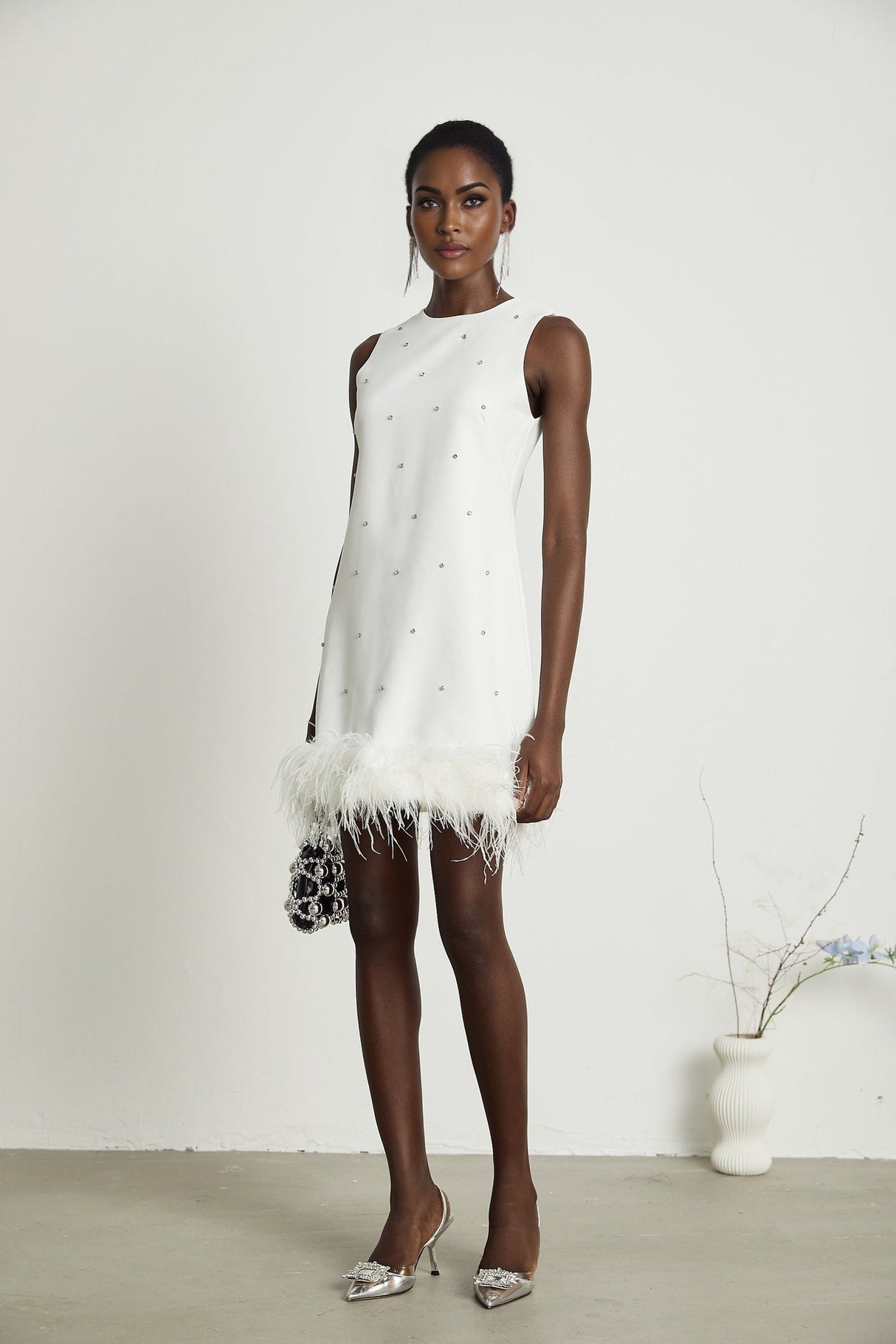 Frances Mini Dress - Sleeveless - Crystal and Feather Embellishments - Thigh Length