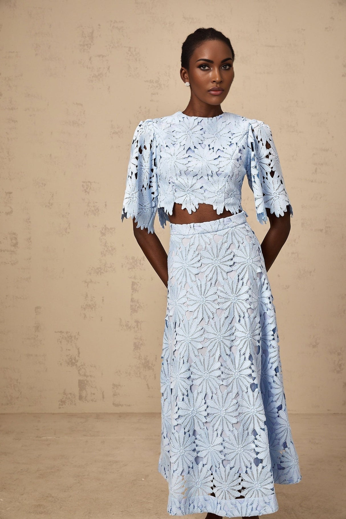 Frances Skirt & Top Set - Stylish Floral Embroidery - Cut - Out Detailing - Scallop Trim - Cropped Design