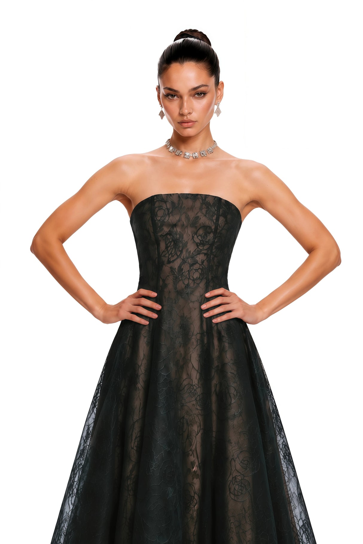 Francesca Black Strapless Floral Lace ALine Maxi Dress