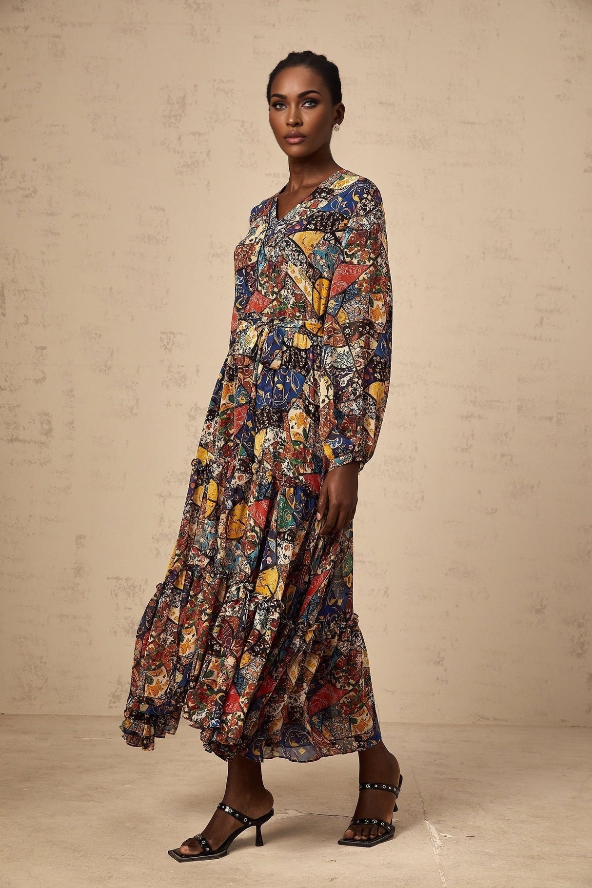 Francesca Bohemian Midi Dress - V - neck - Tied Waist - Graphic Print - Shirring Detailing