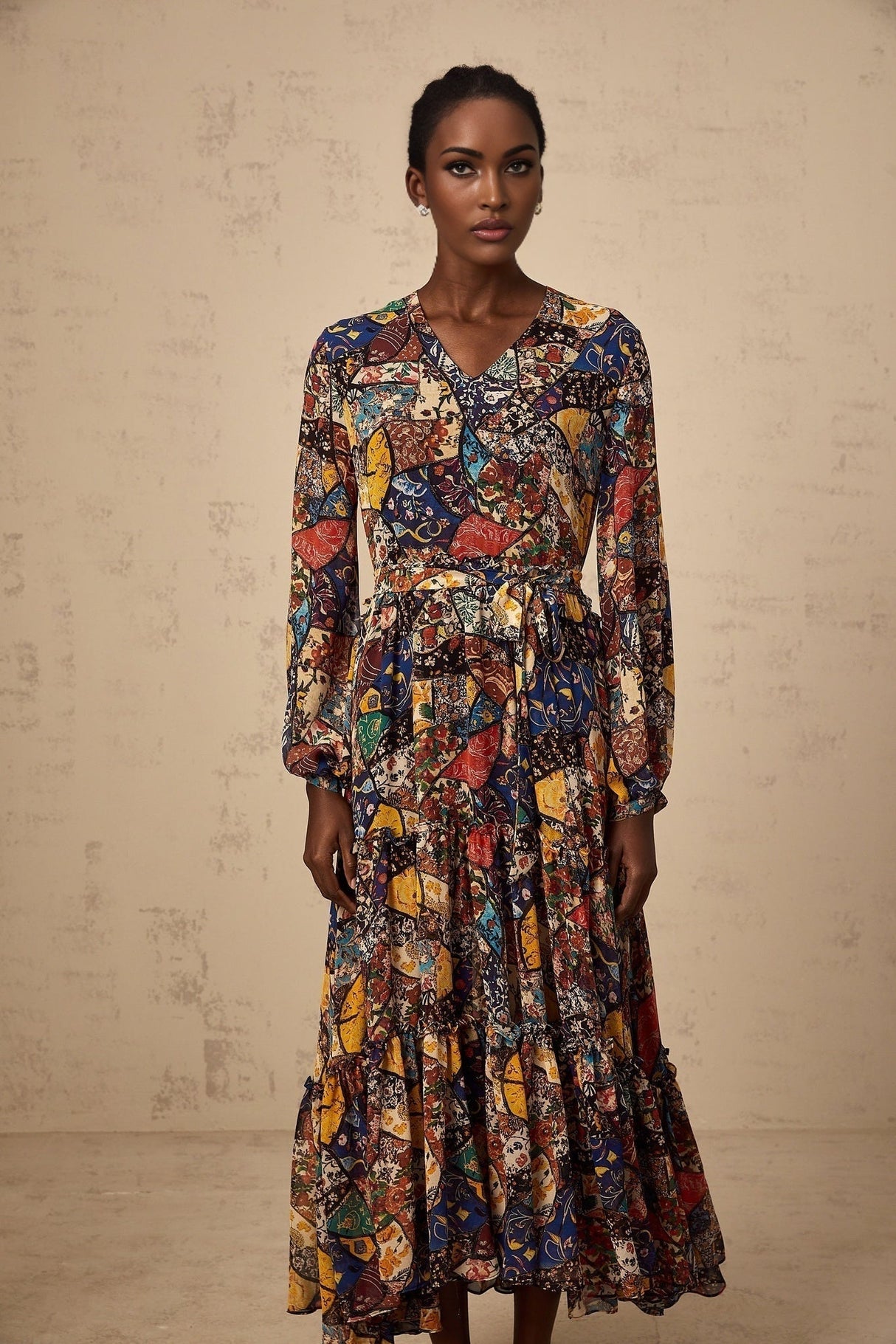 Francesca Bohemian Midi Dress - V - neck - Tied Waist - Graphic Print - Shirring Detailing