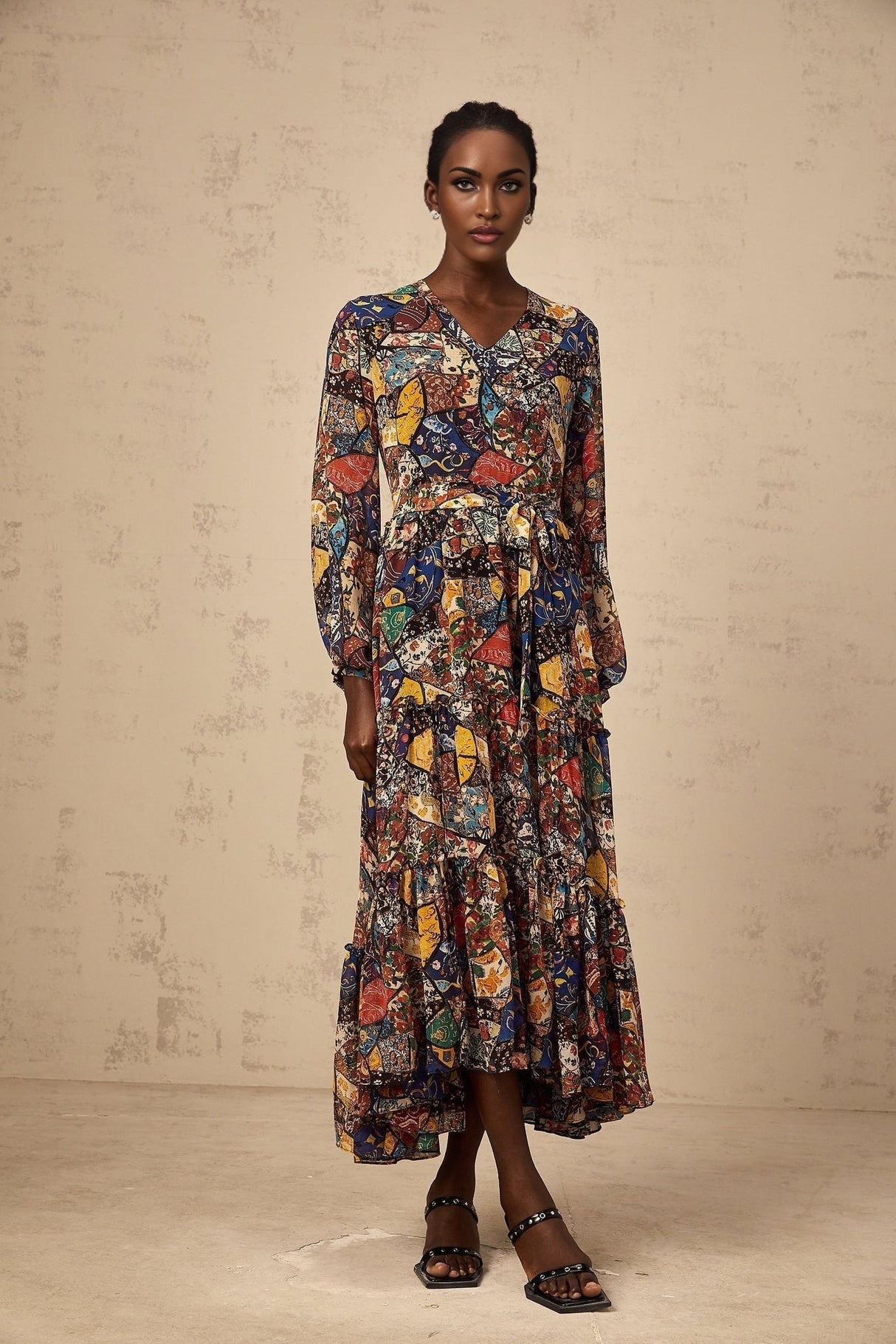 Francesca Bohemian Midi Dress - V - neck - Tied Waist - Graphic Print - Shirring Detailing