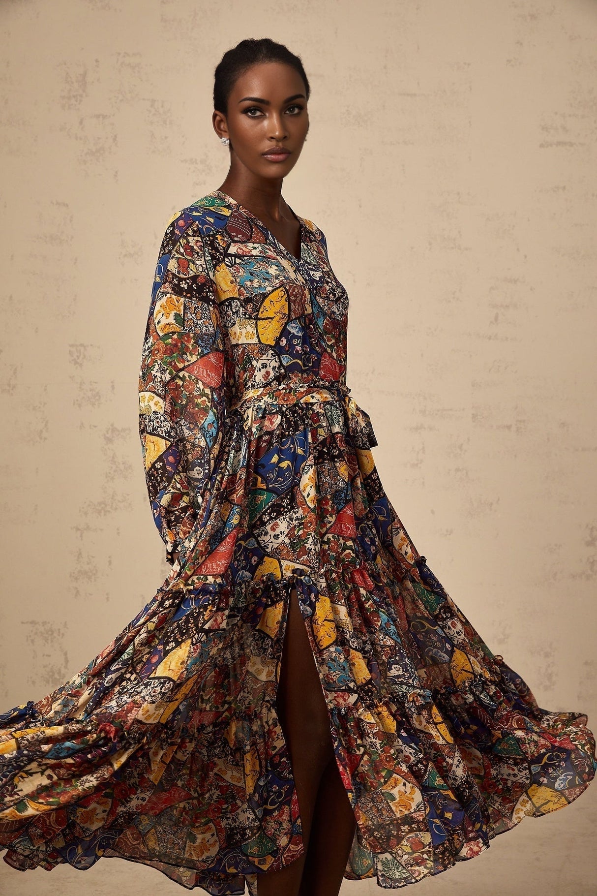 Francesca Bohemian Midi Dress - V - neck - Tied Waist - Graphic Print - Shirring Detailing