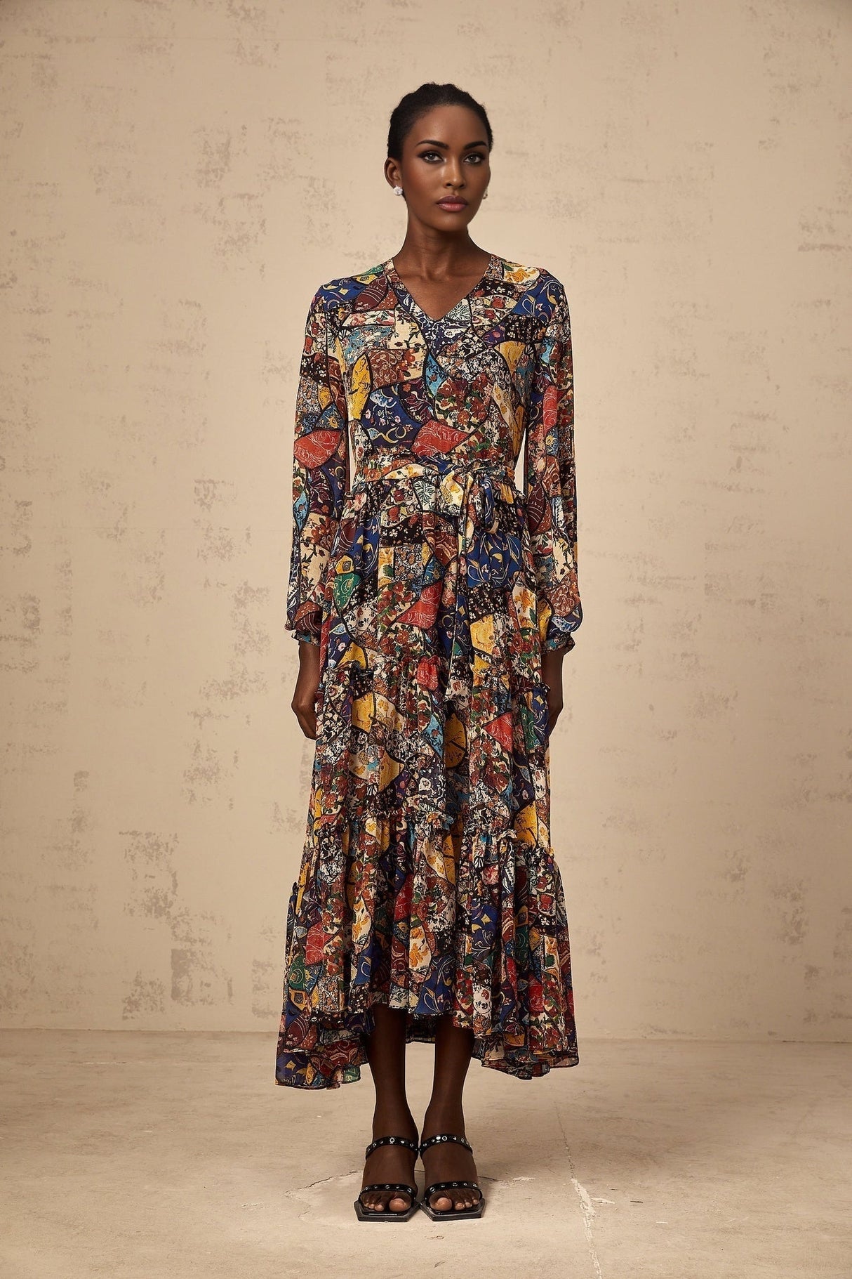 Francesca Bohemian Midi Dress - V - neck - Tied Waist - Graphic Print - Shirring Detailing