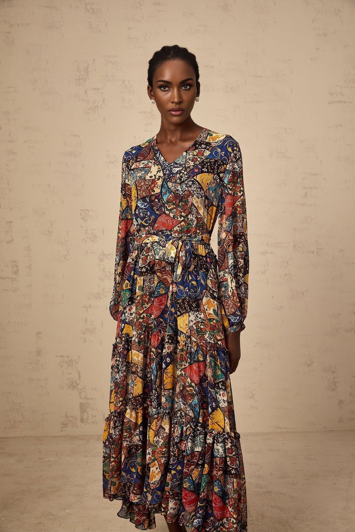 Francesca Bohemian Midi Dress - V - neck - Tied Waist - Graphic Print - Shirring Detailing