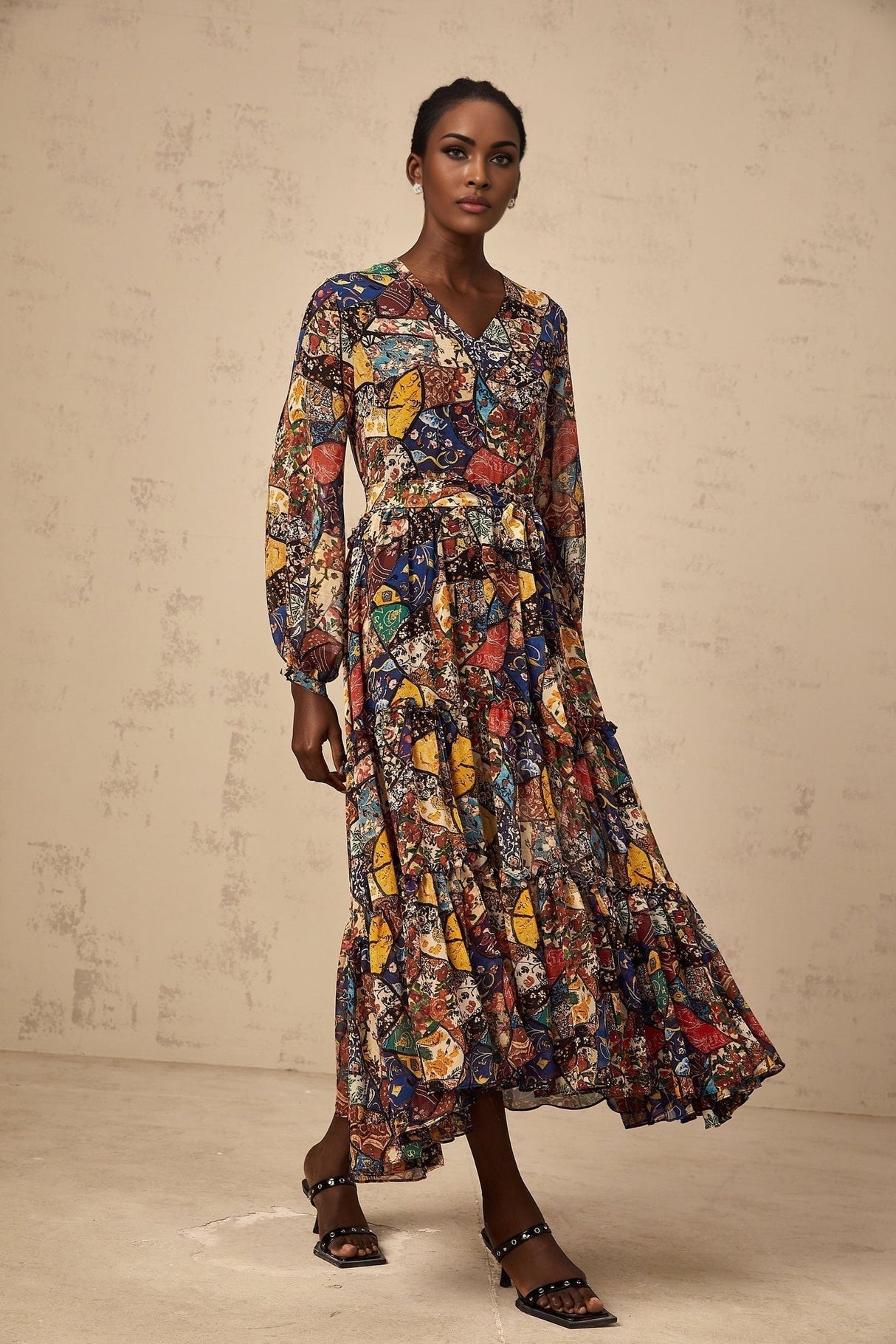 Francesca Bohemian Midi Dress - V - neck - Tied Waist - Graphic Print - Shirring Detailing