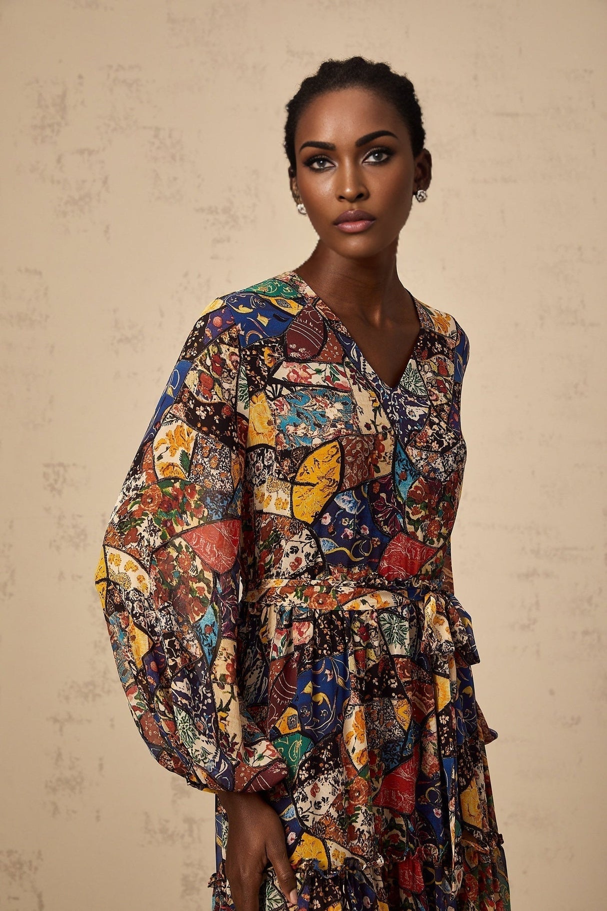 Francesca Bohemian Midi Dress - V - neck - Tied Waist - Graphic Print - Shirring Detailing