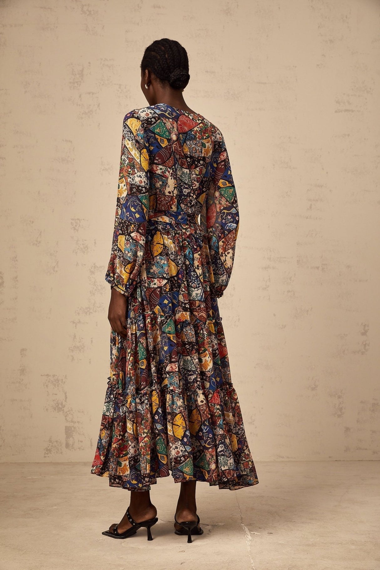 Francesca Bohemian Midi Dress - V - neck - Tied Waist - Graphic Print - Shirring Detailing