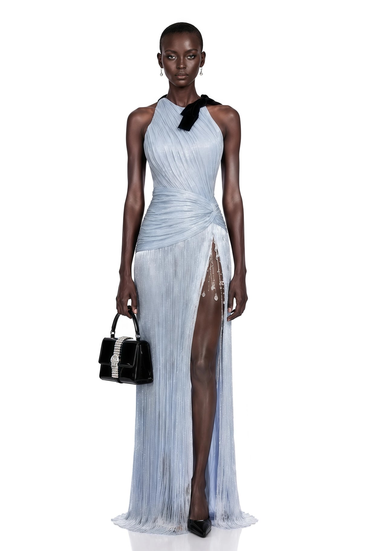 Francesca Silver Fringe Maxi Dress with Bow