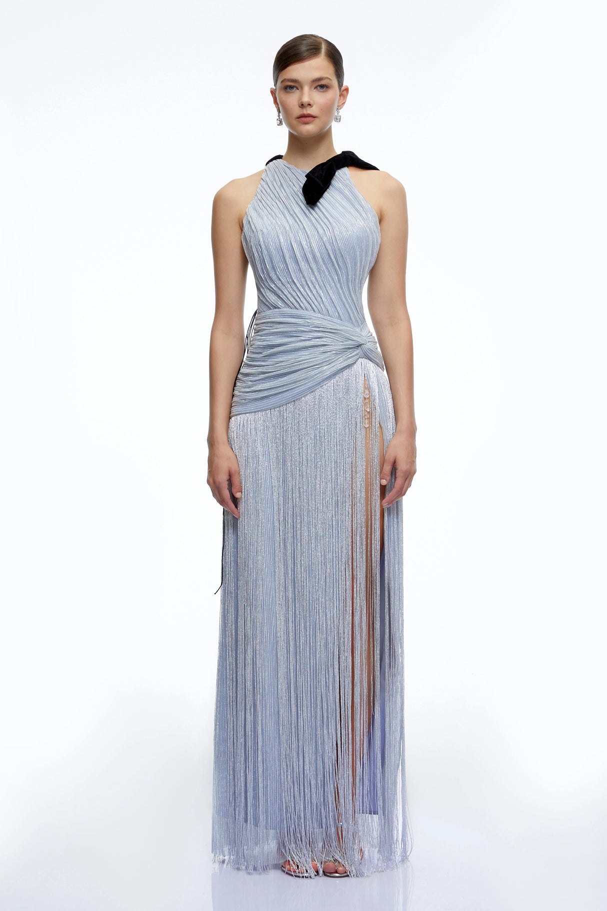 Francesca Silver Fringe Maxi Dress with Bow