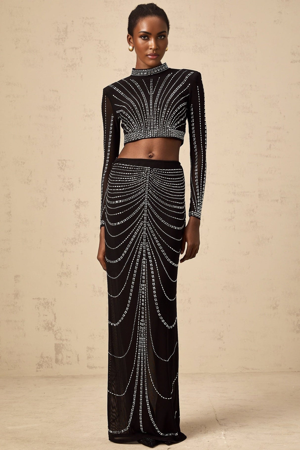 Francesca Skirt & Top Set - Mesh - Rhinestone Embellishment - Long Sleeve - Maxi Length