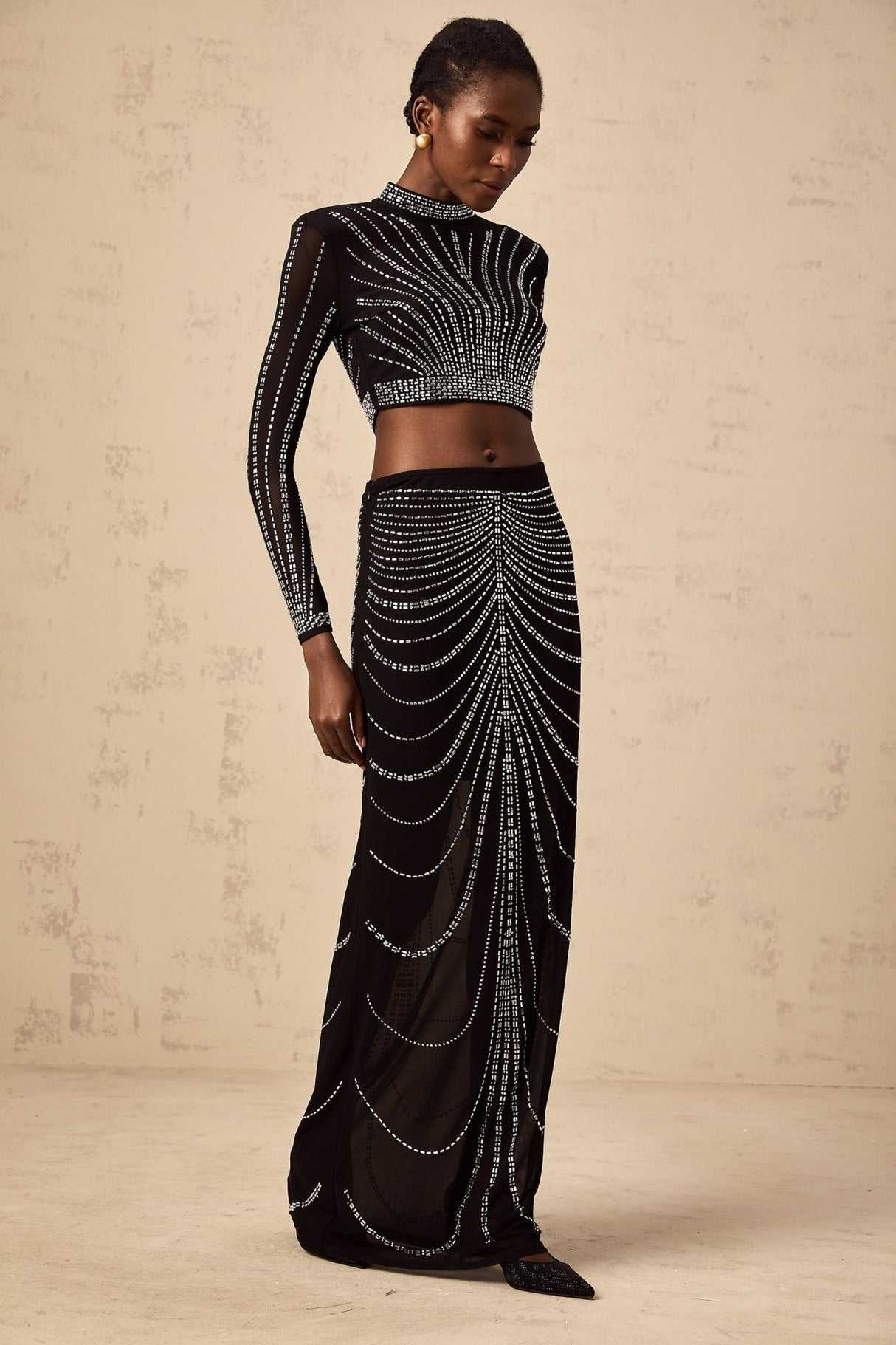 Francesca Skirt & Top Set - Mesh - Rhinestone Embellishment - Long Sleeve - Maxi Length