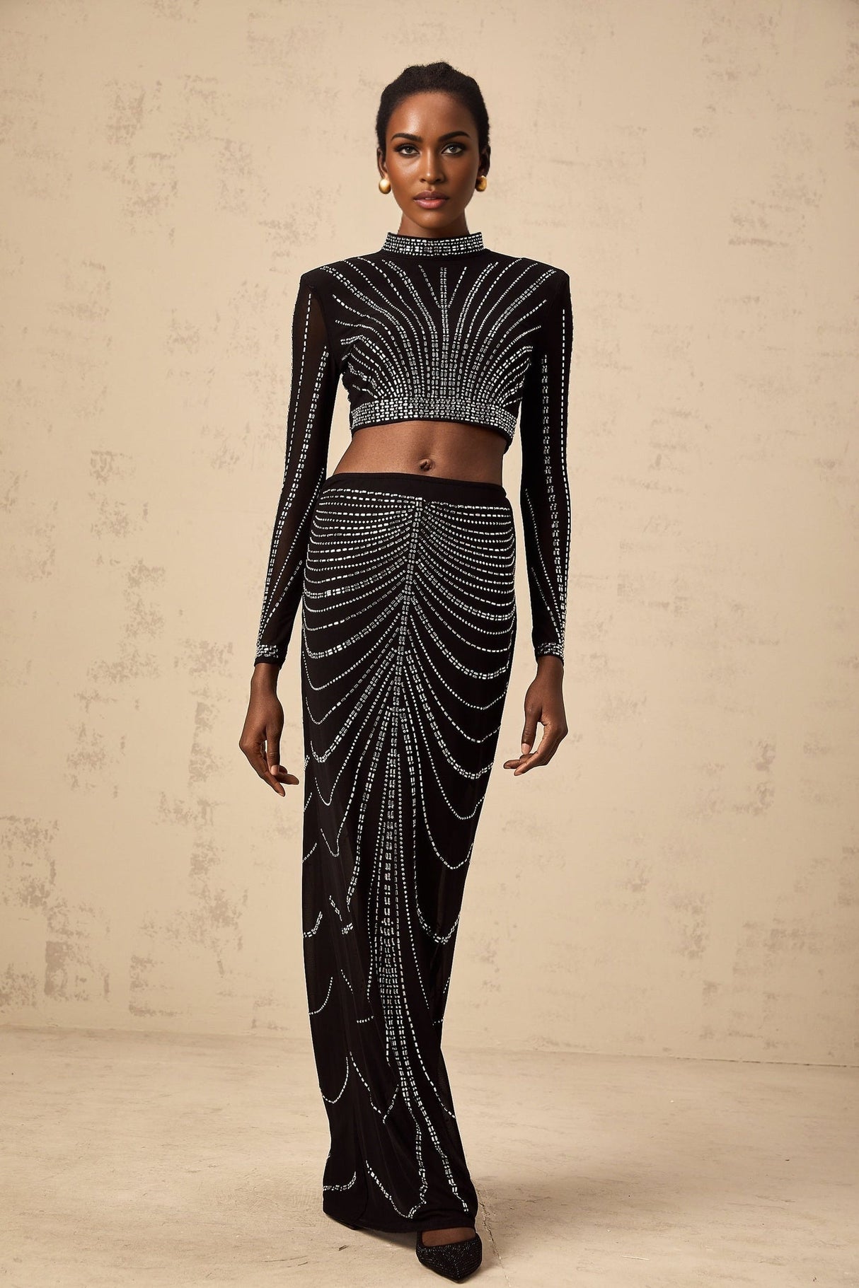 Francesca Skirt & Top Set - Mesh - Rhinestone Embellishment - Long Sleeve - Maxi Length