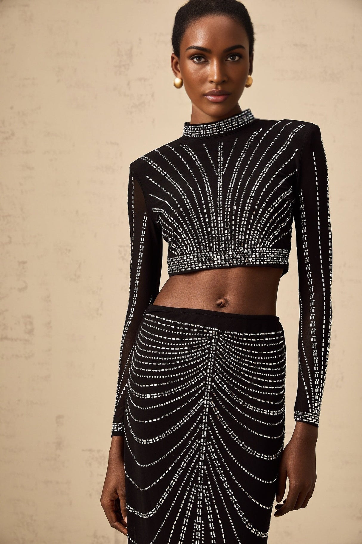 Francesca Skirt & Top Set - Mesh - Rhinestone Embellishment - Long Sleeve - Maxi Length