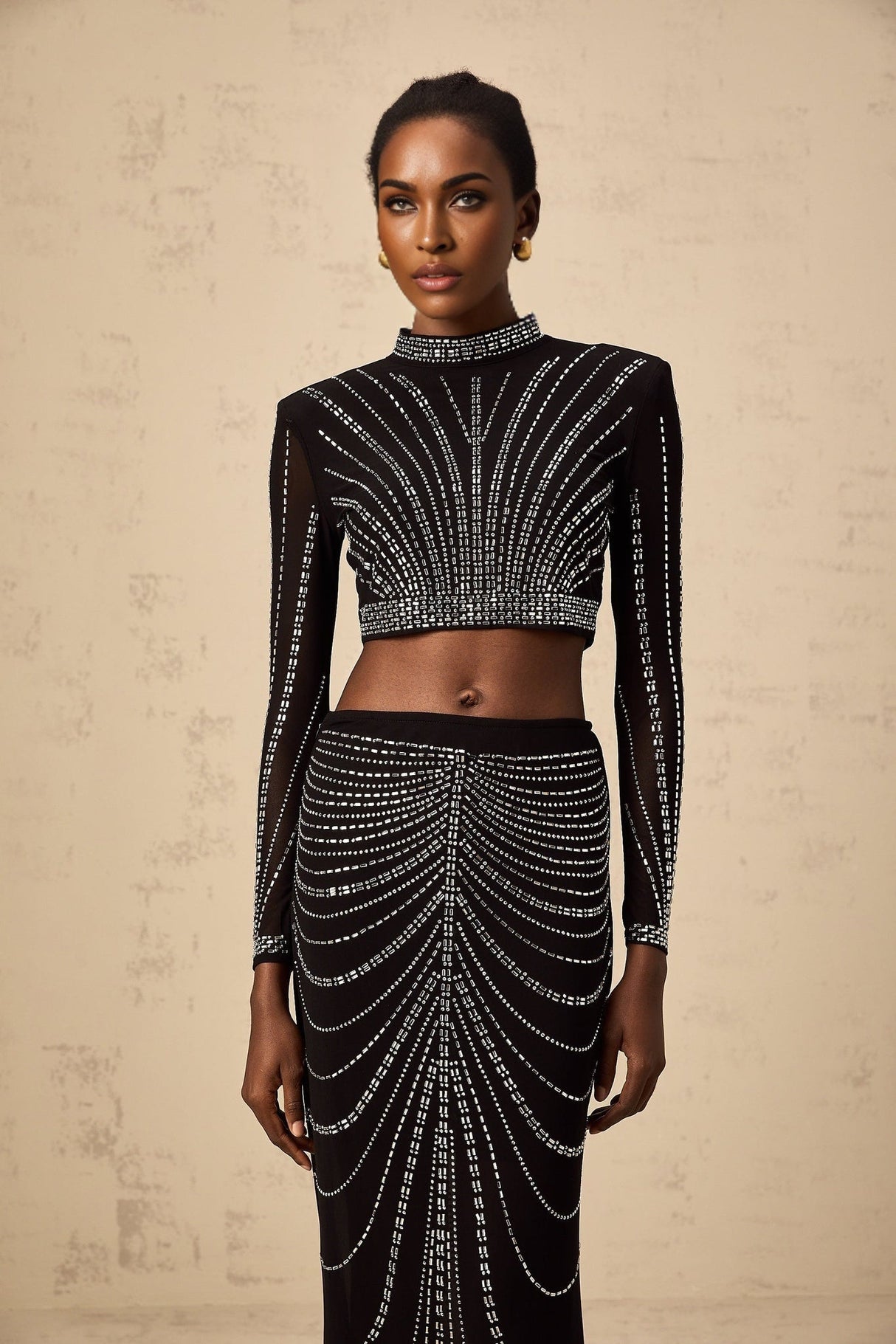 Francesca Skirt & Top Set - Mesh - Rhinestone Embellishment - Long Sleeve - Maxi Length