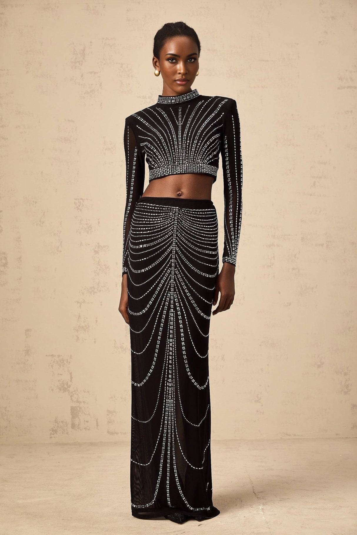 Francesca Skirt & Top Set - Mesh - Rhinestone Embellishment - Long Sleeve - Maxi Length