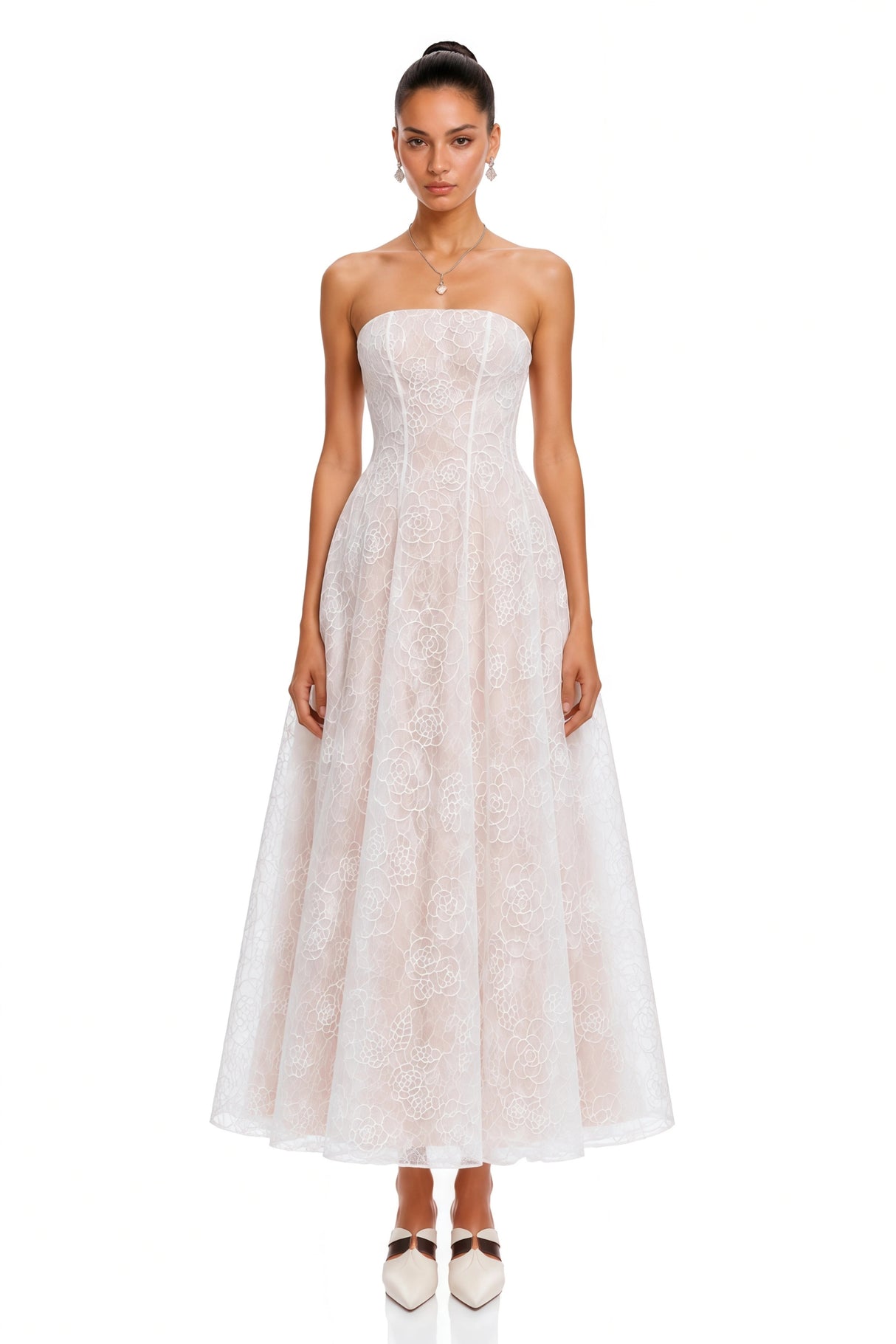 Francesca White Strapless Floral Lace ALine Maxi Dress