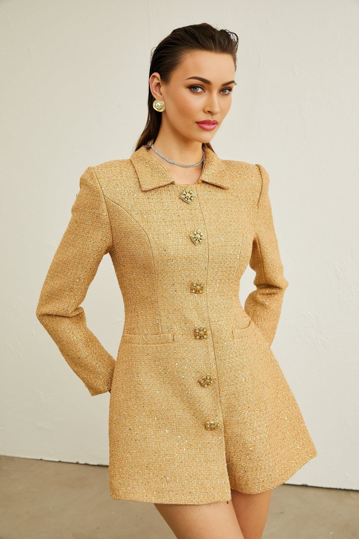 Franceschina Long Sleeve Mini Dress - Tweed - Classic Collar - Embossed Buttons - Front Pockets
