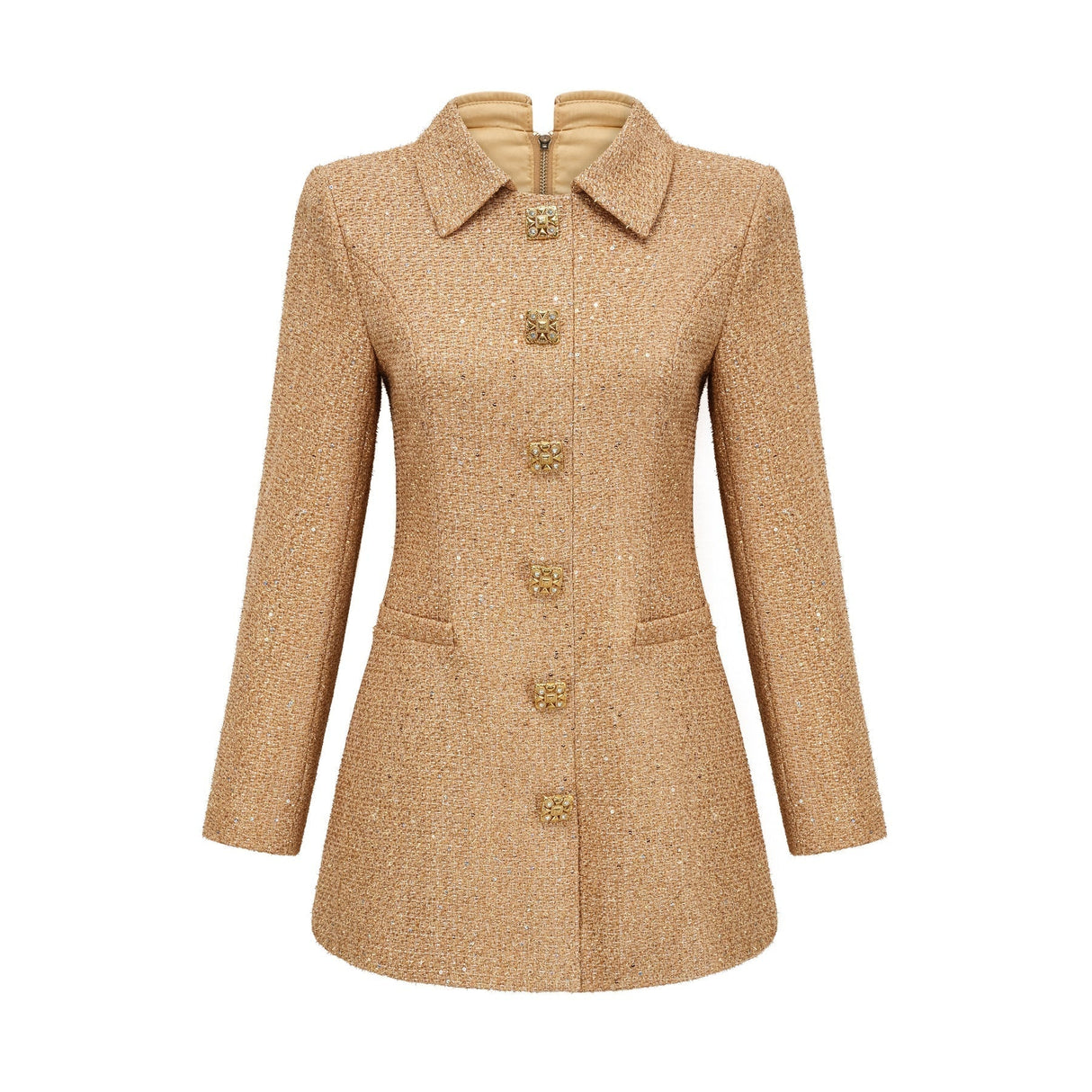 Franceschina Long Sleeve Mini Dress - Tweed - Classic Collar - Embossed Buttons - Front Pockets