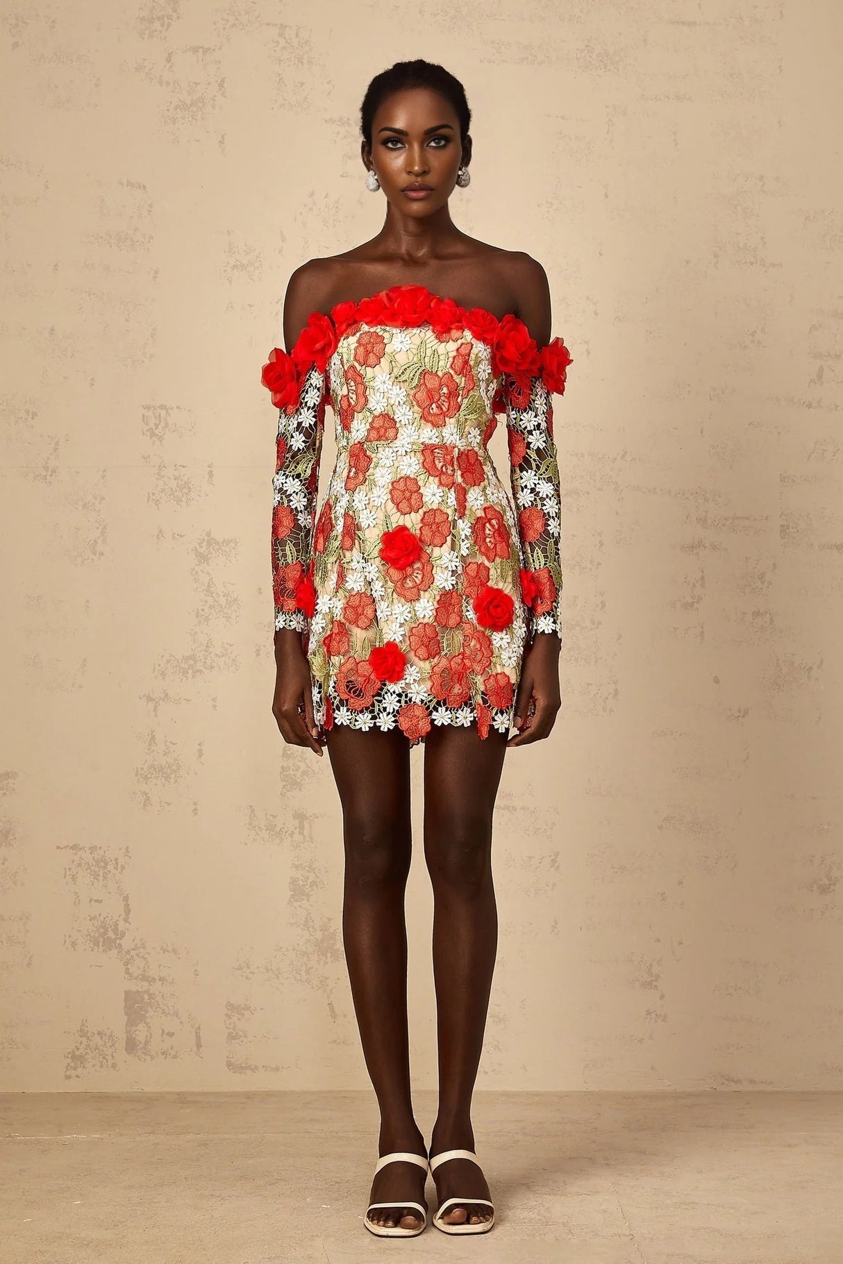 Franceschina Mini Dress Red Rose Appliqu & 3D Petal Embroidery