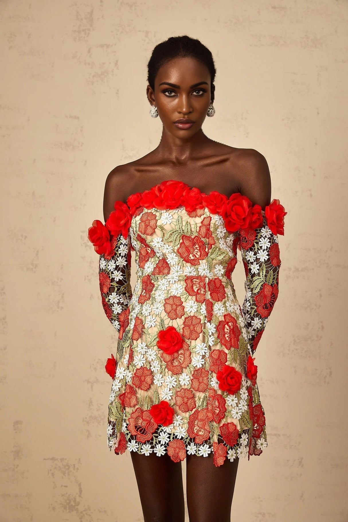 Franceschina Mini Dress Red Rose Appliqu & 3D Petal Embroidery