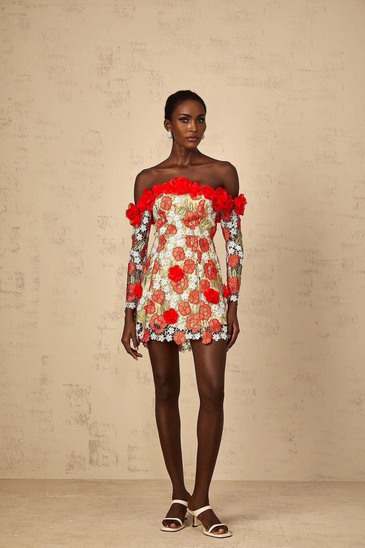 Franceschina Mini Dress Red Rose Appliqu & 3D Petal Embroidery