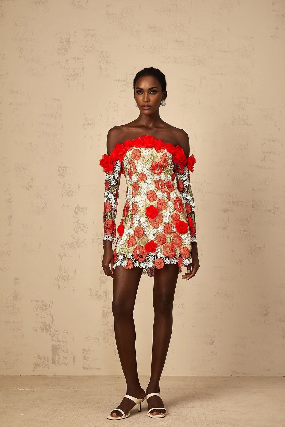 Franceschina Mini Dress Red Rose Appliqu & 3D Petal Embroidery