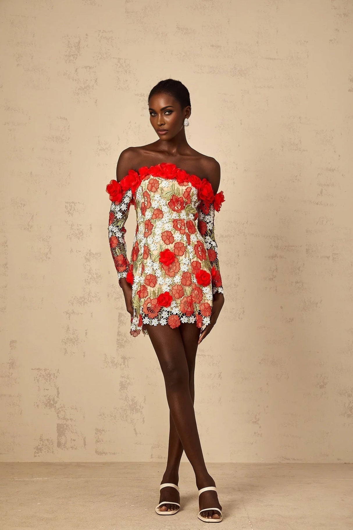 Franceschina Mini Dress Red Rose Appliqu & 3D Petal Embroidery