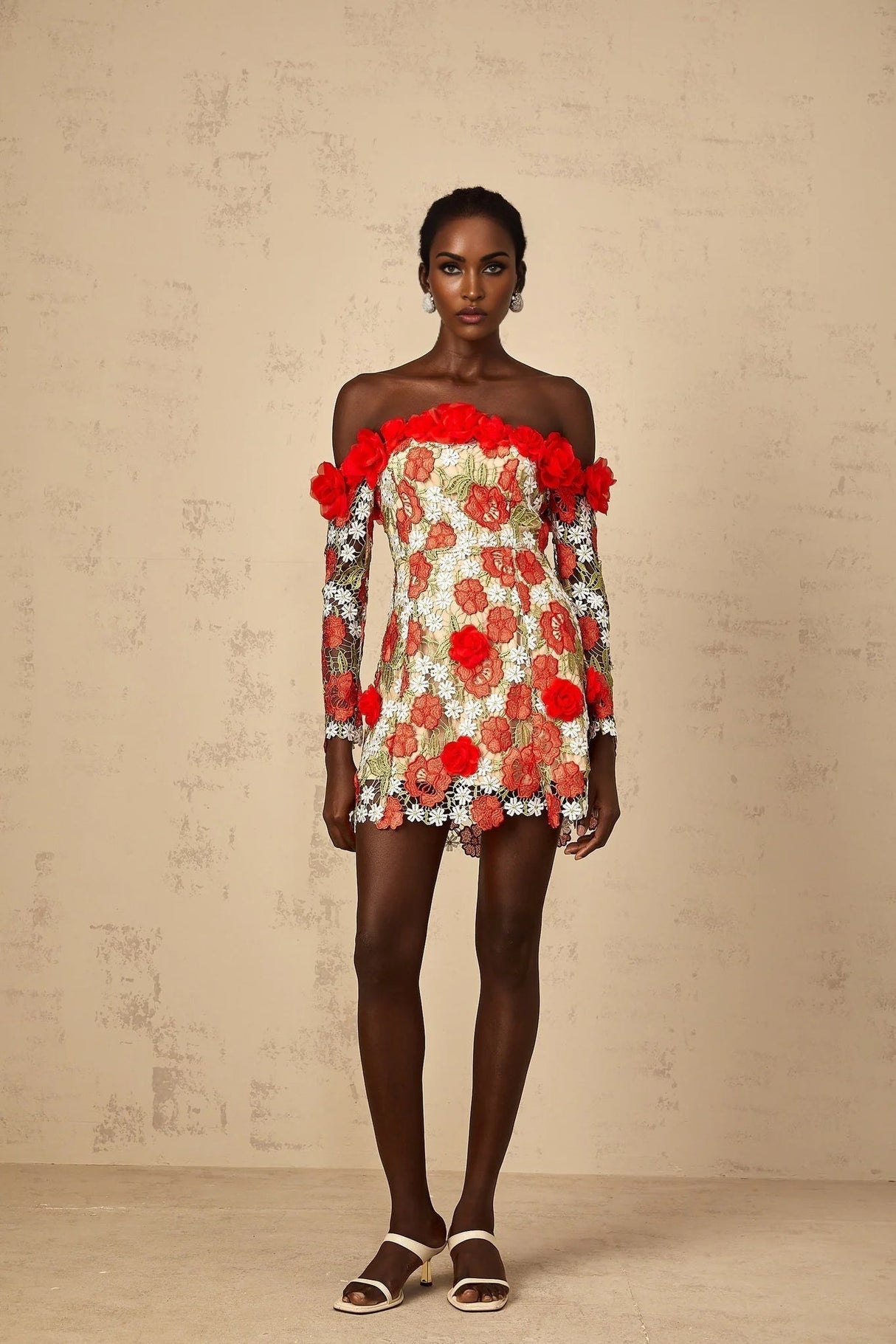 Franceschina Mini Dress Red Rose Appliqu & 3D Petal Embroidery