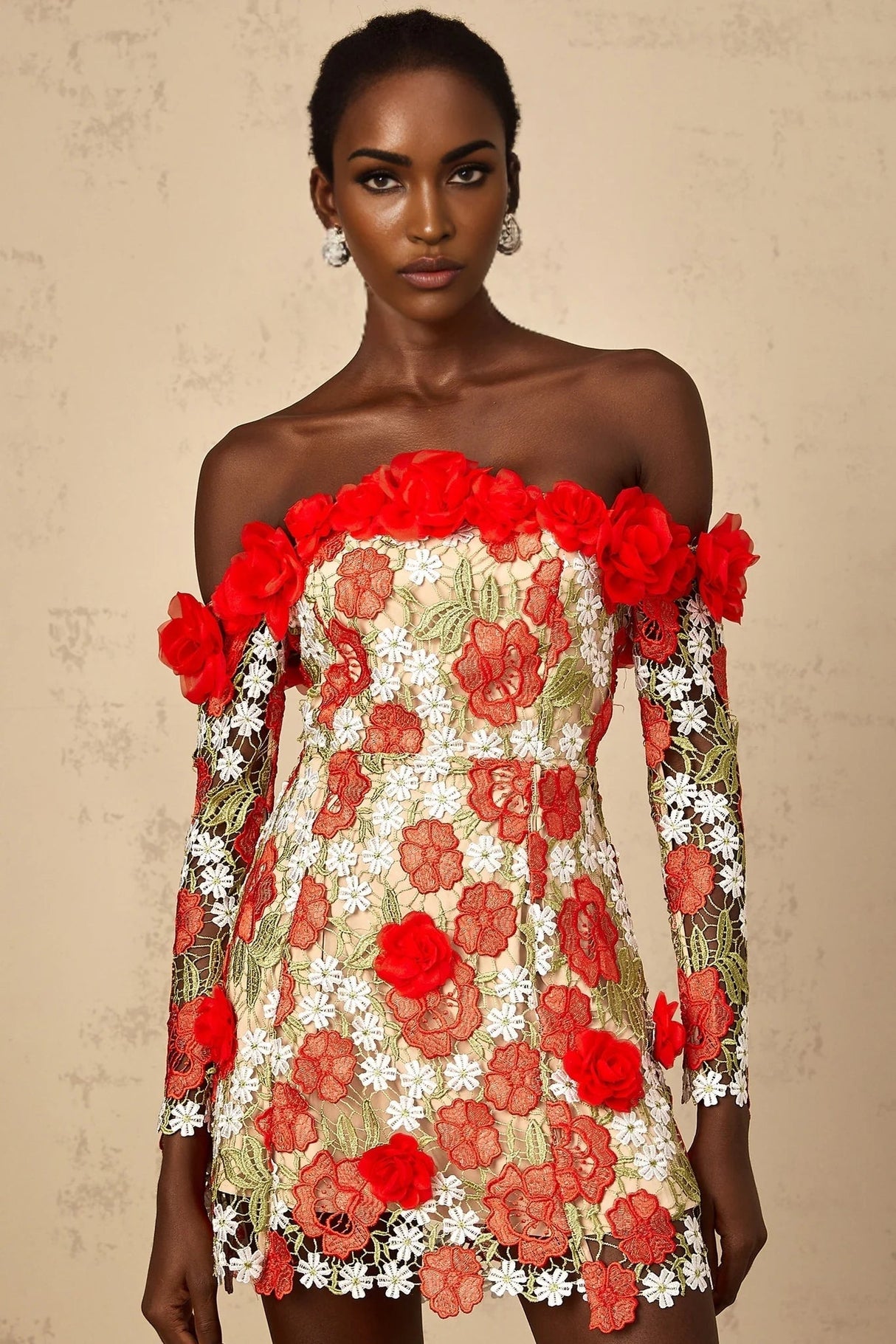 Franceschina Mini Dress Red Rose Appliqu & 3D Petal Embroidery