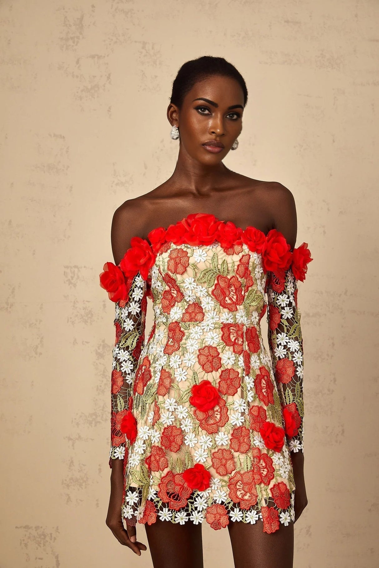 Franceschina Mini Dress Red Rose Appliqu & 3D Petal Embroidery