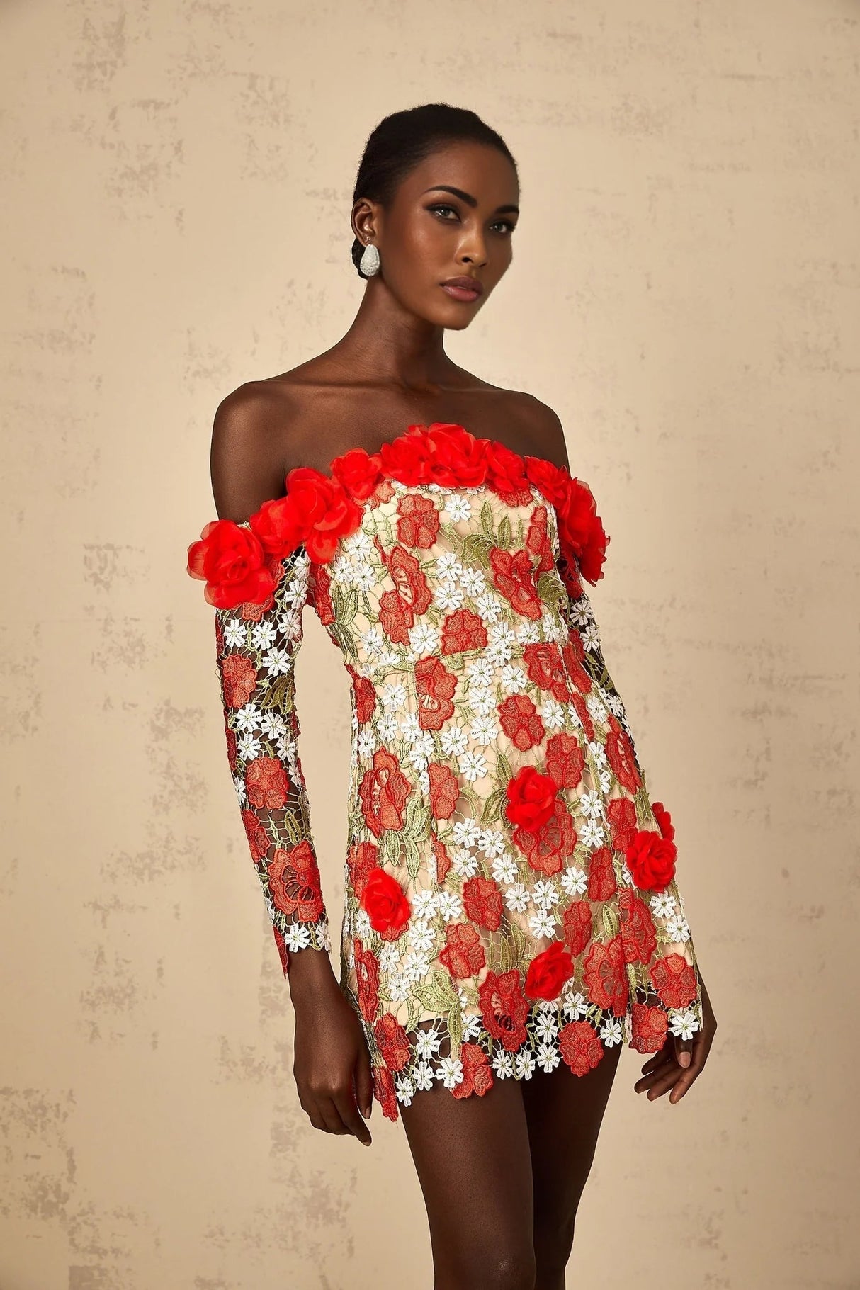 Franceschina Mini Dress Red Rose Appliqu & 3D Petal Embroidery