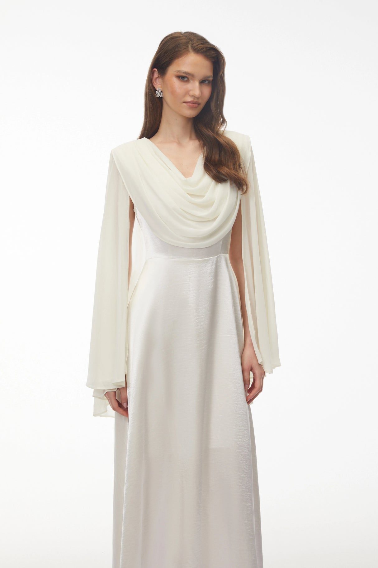 Francine Ivory Draped Neck Maxi Dress with Cape Sleeves