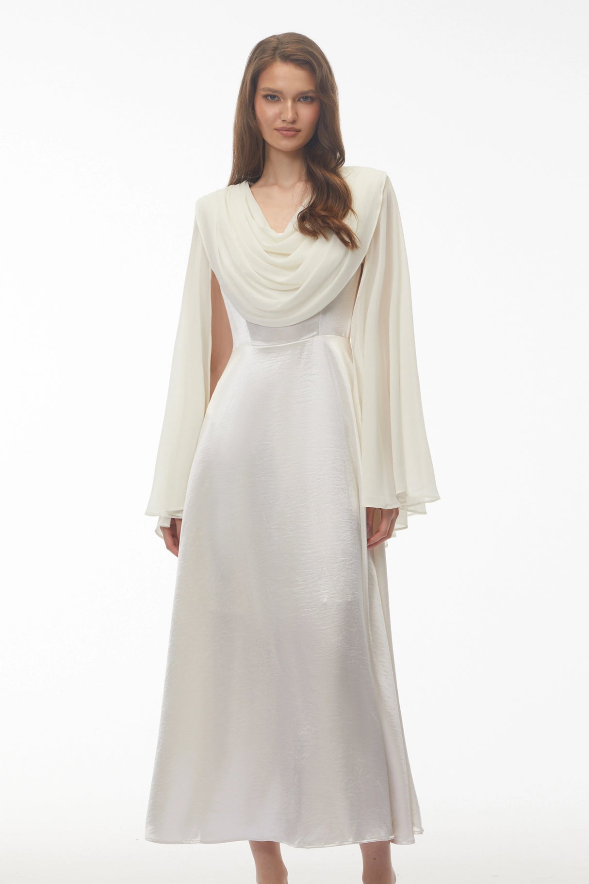 Francine Ivory Draped Neck Maxi Dress with Cape Sleeves