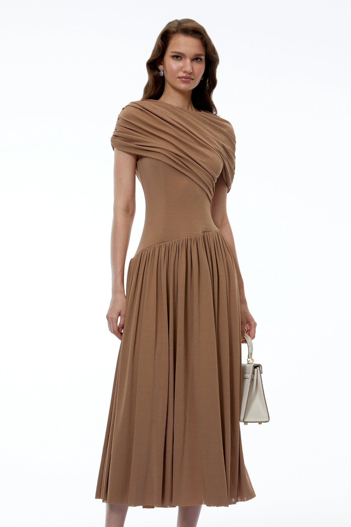 Francine Khaki Asymmetrical Ruched Midi Dress