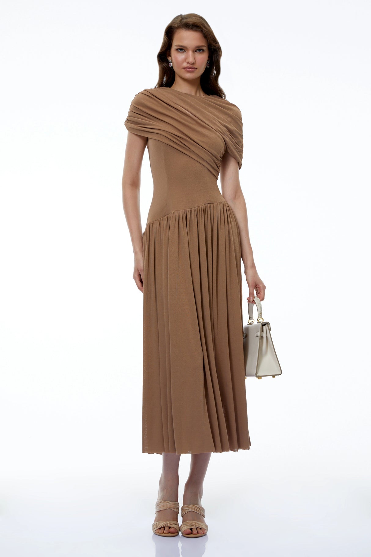 Francine Khaki Asymmetrical Ruched Midi Dress