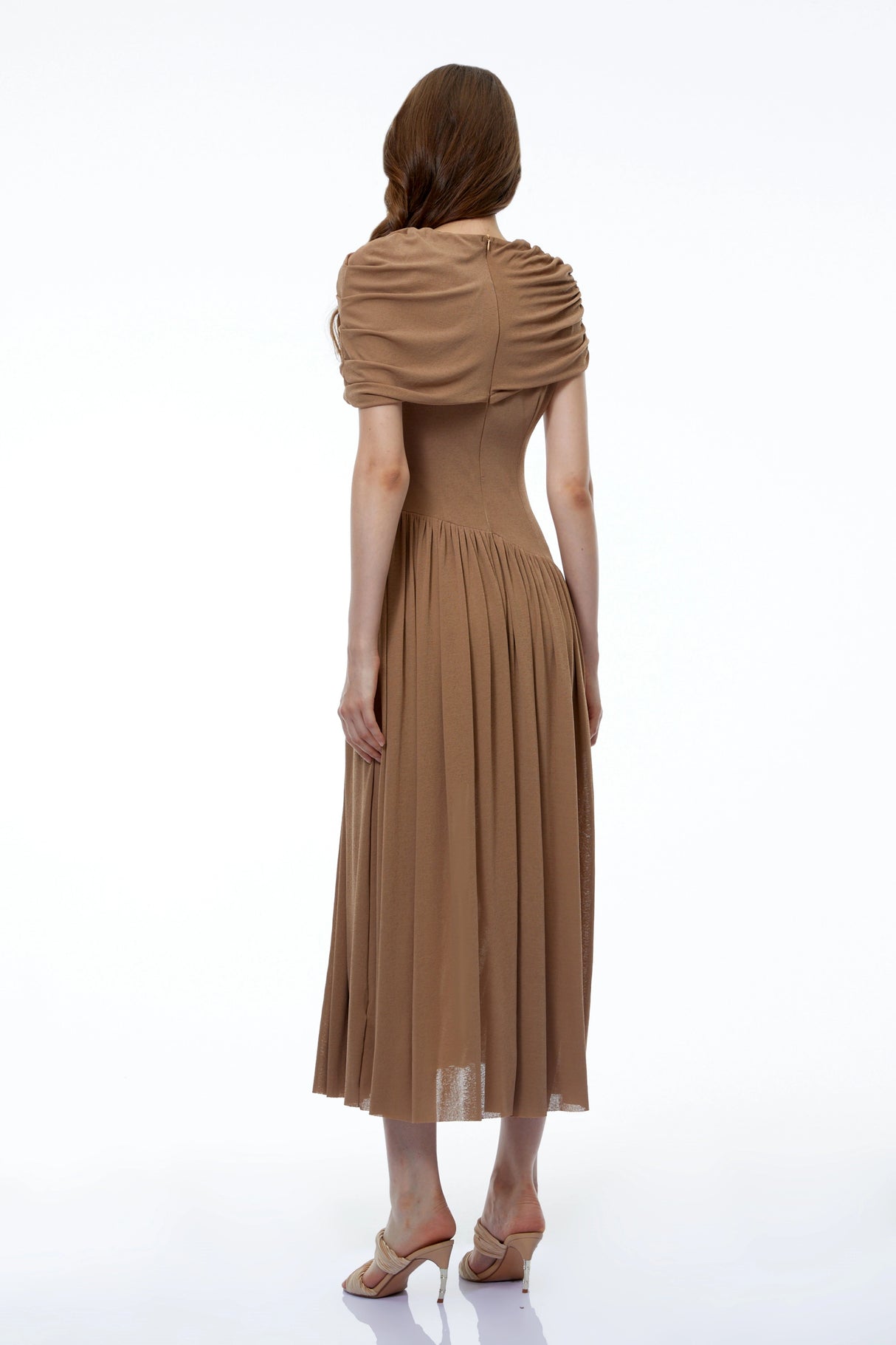 Francine Khaki Asymmetrical Ruched Midi Dress