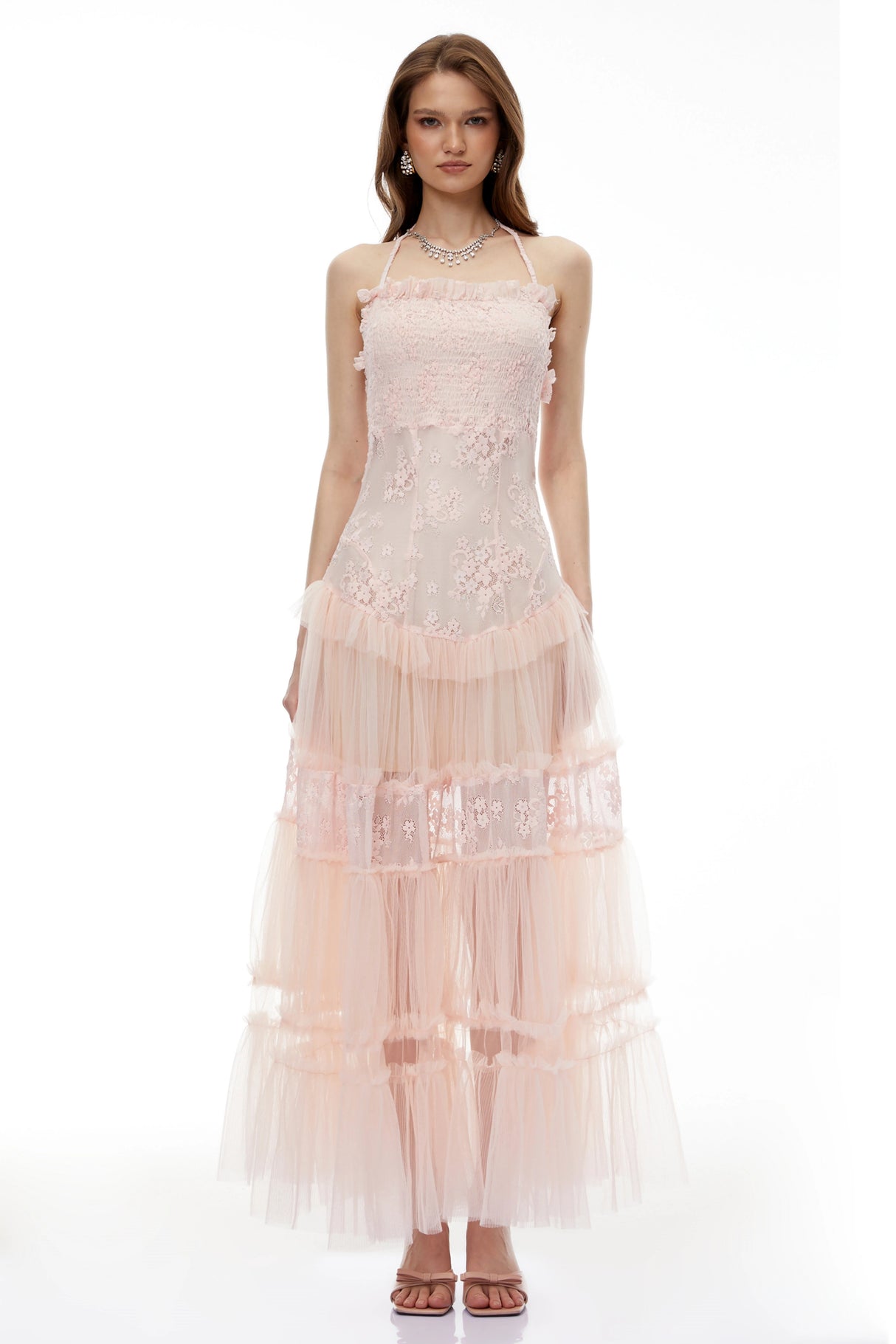 Francine Pink Floral Lace Tiered Maxi Dress
