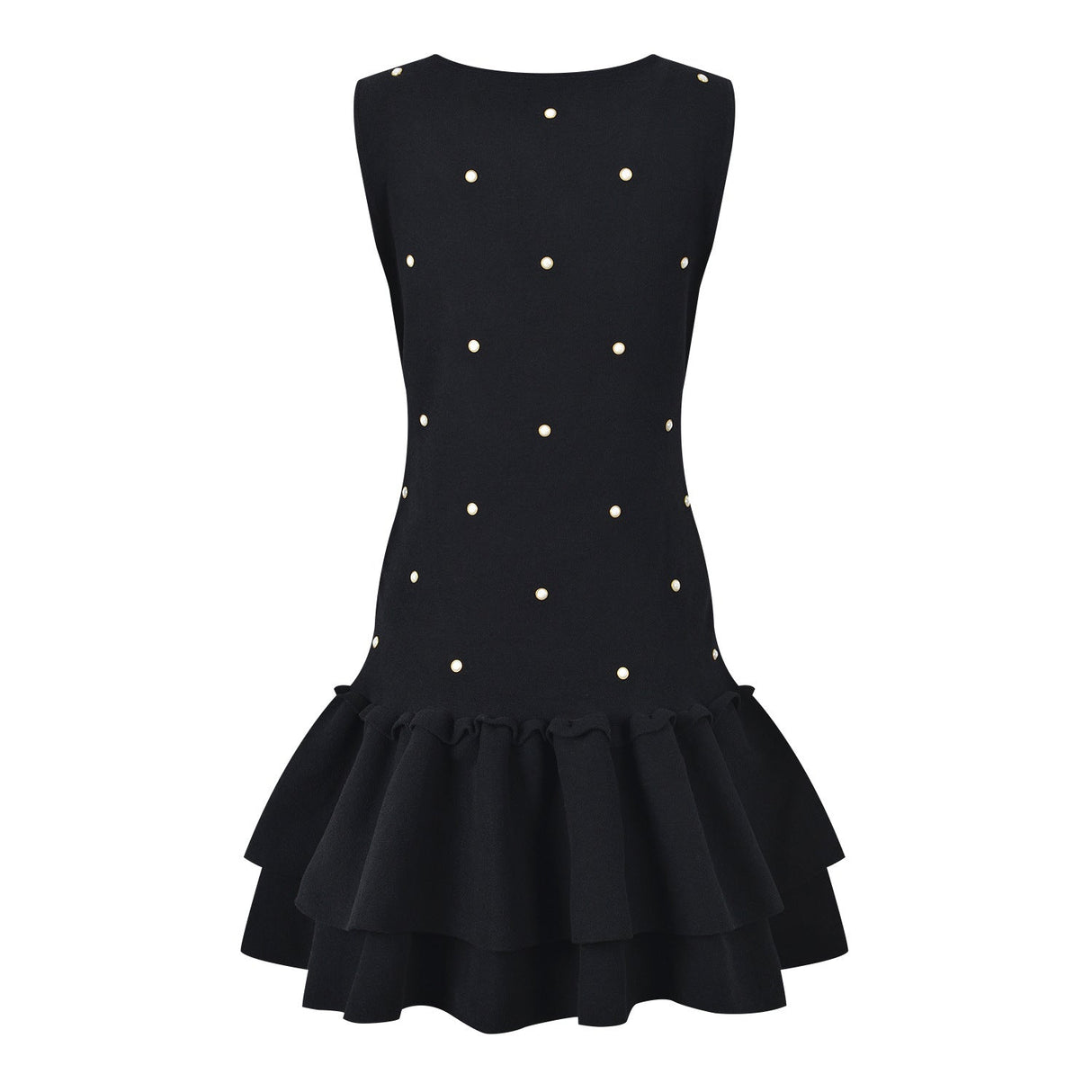 Freya Dress - Tailored Fit - Sleeveless With Pearl Embellishments - Flared Ruffle Hem - Chic and Playful Aesthetic