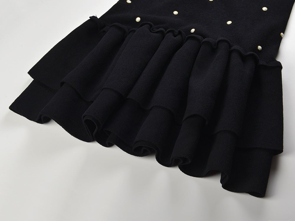 Freya Dress - Tailored Fit - Sleeveless With Pearl Embellishments - Flared Ruffle Hem - Chic and Playful Aesthetic