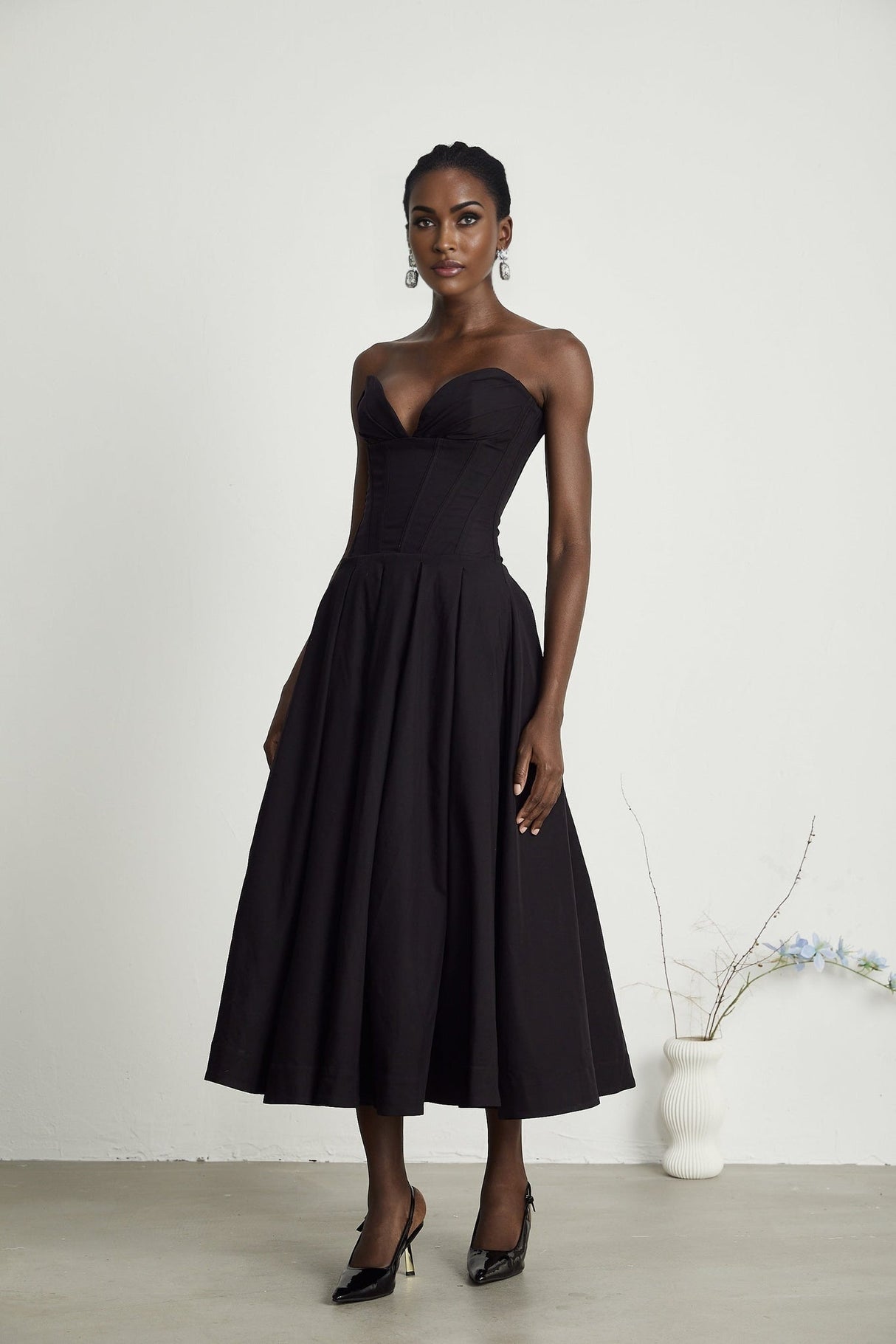 Freya Midi Dress - V - neck - Off - the - shoulder - Corset - style - Pleated Detailing